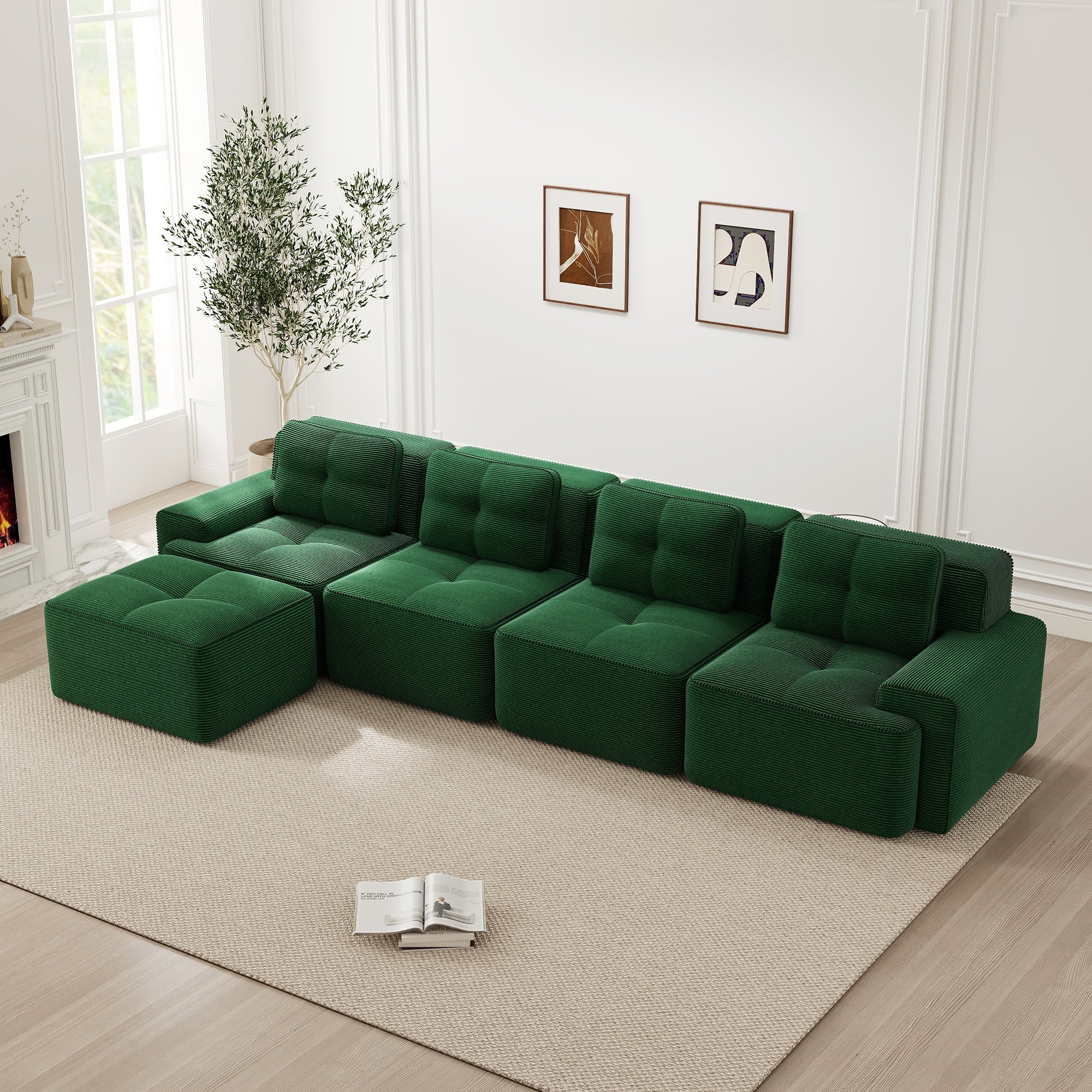 Boneless Sofa Modular L-Shaped Chaise Lounge 4-Seater Deep-Seat - Corduroy Green