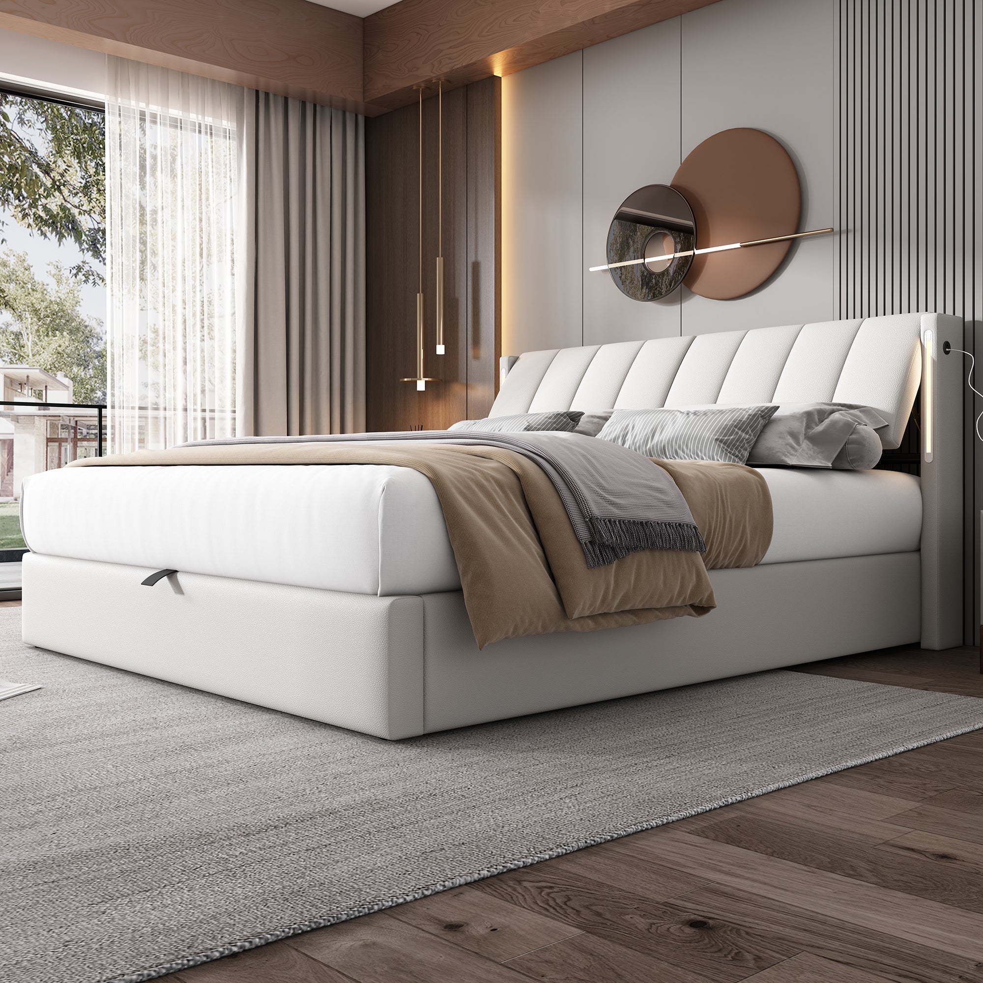Upholstered Bed 160x200cm Hydraulic Storage LED USB Adjustable Headboard - White PU