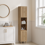 Tall Cabinet Washing Machine Cabinet with Doors and Open Shelves, Narrow Freestanding Storage, Oak Look