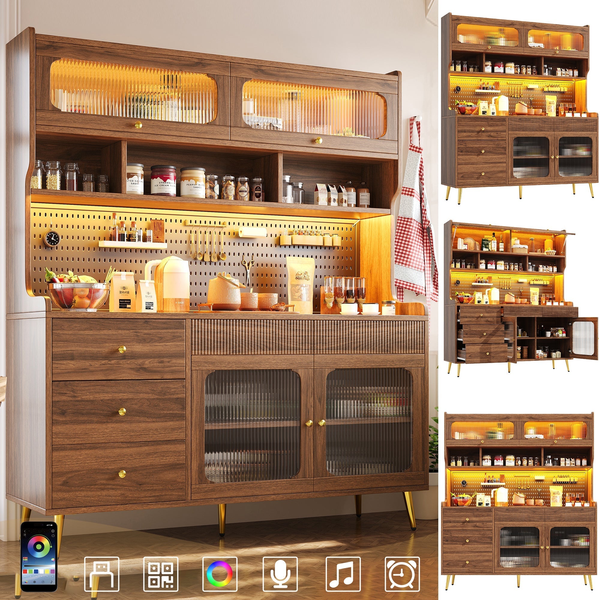 Modern Tall Sideboard 145x171cm with LED Lighting, App Control & Storage - Walnut