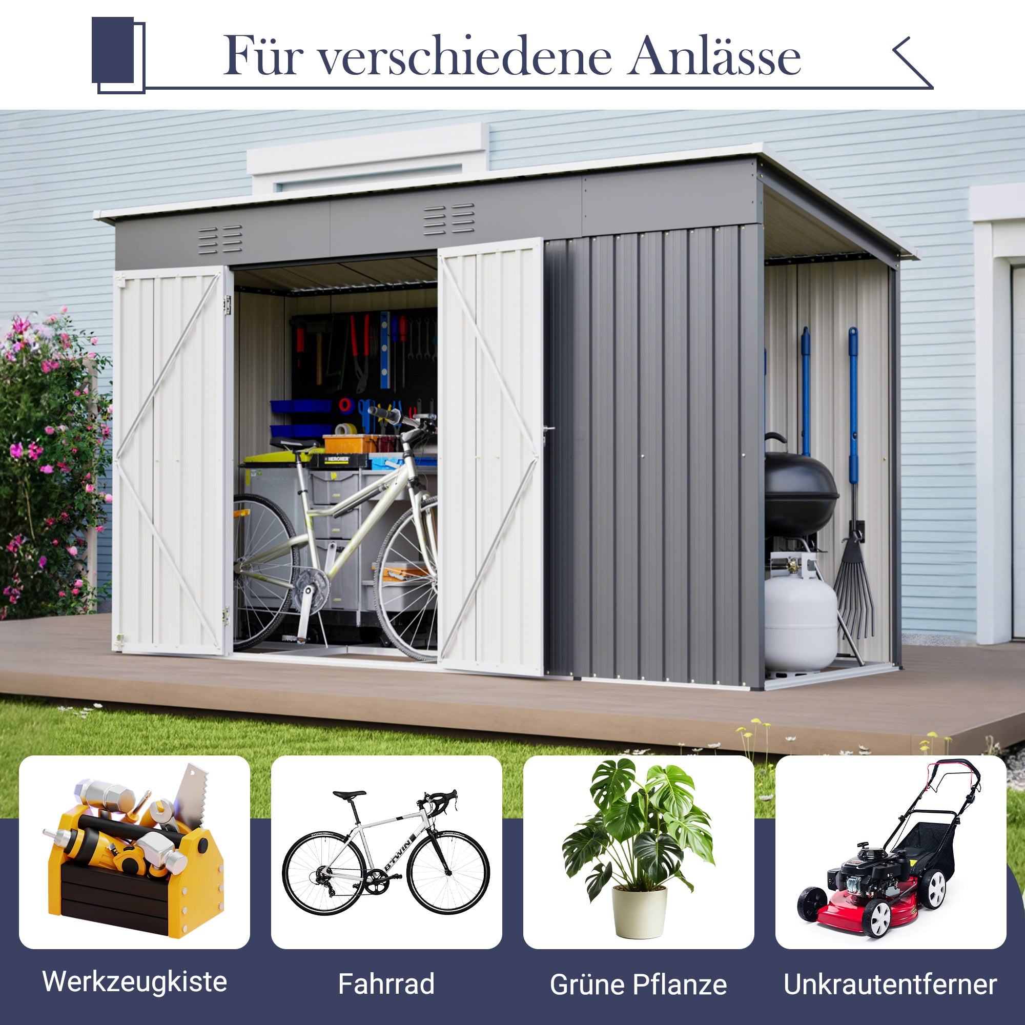 10x4 FT Metal Garden Shed with Double Doors, Ventilation and Reinforced Frame, Grey