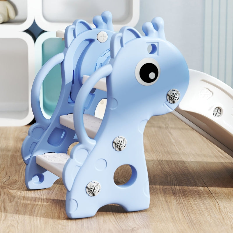 AIYAPLAY 3-in-1 Kids Slide, Giraffe Shape, Basketball Hoop, Ball, Blue