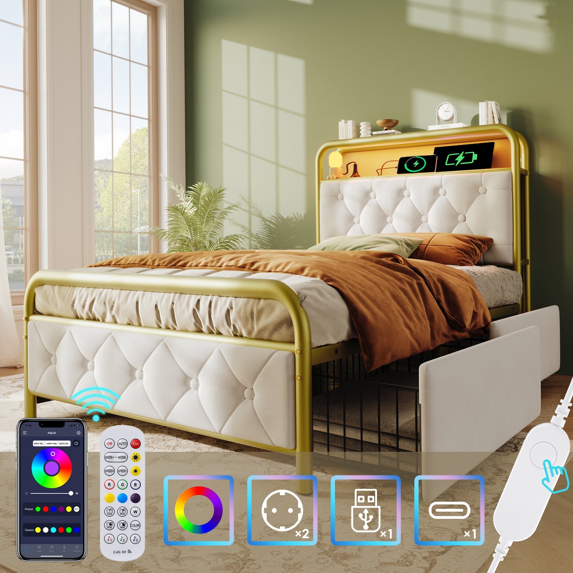Upholstered Single Bed with USB-C Charging, LED & 2 Drawers, Velvet