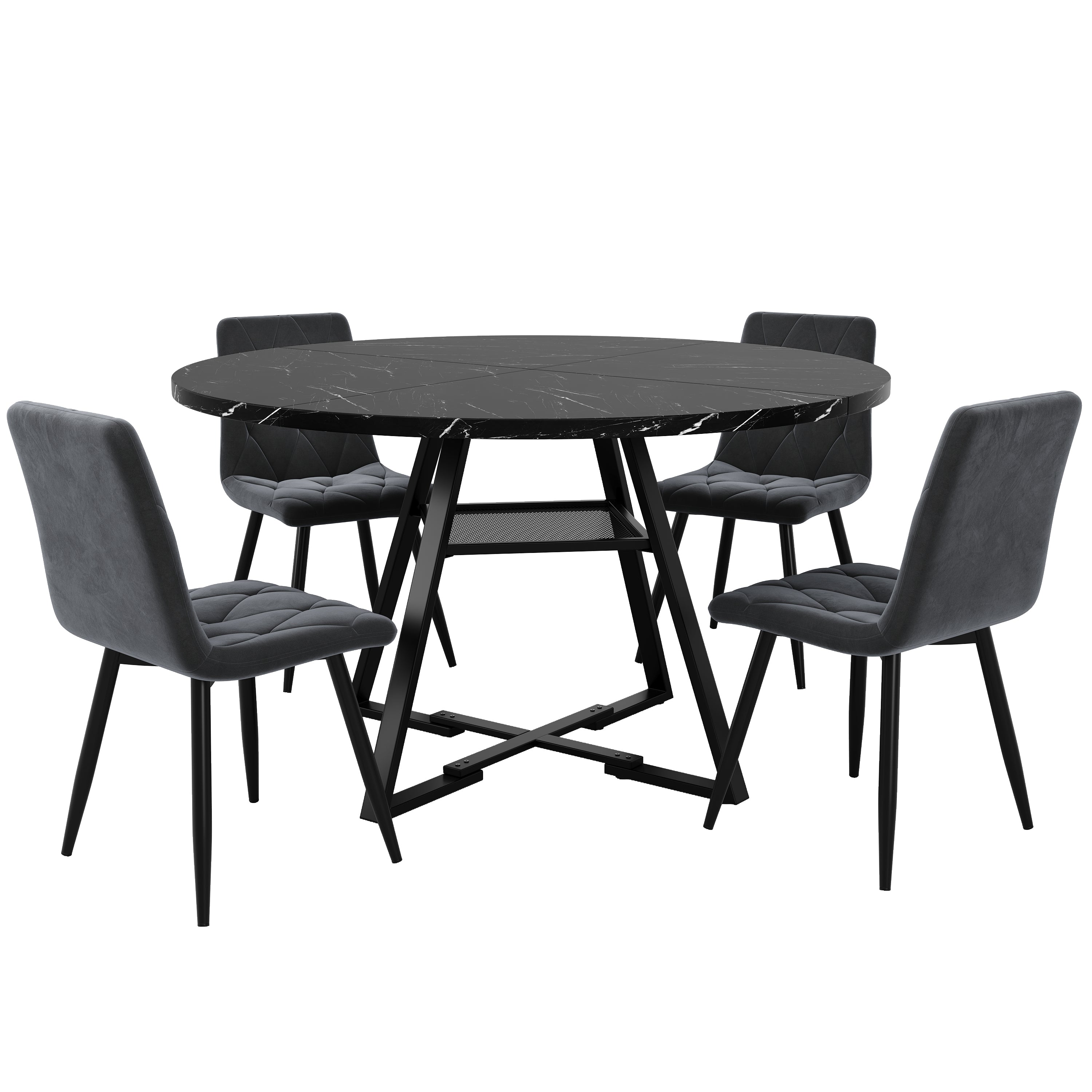 Round Dining Table, Kitchen Breakfast Table Metal Legs, Marble Look Black/White