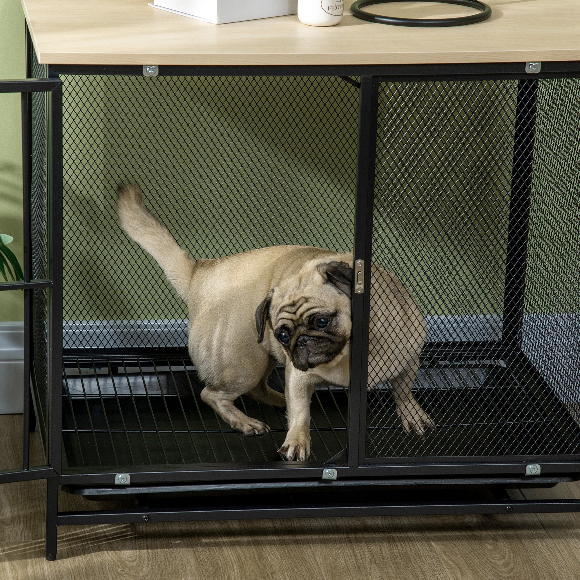 Dog Cage, Kennel with Cushion & Tray, Oak+Black