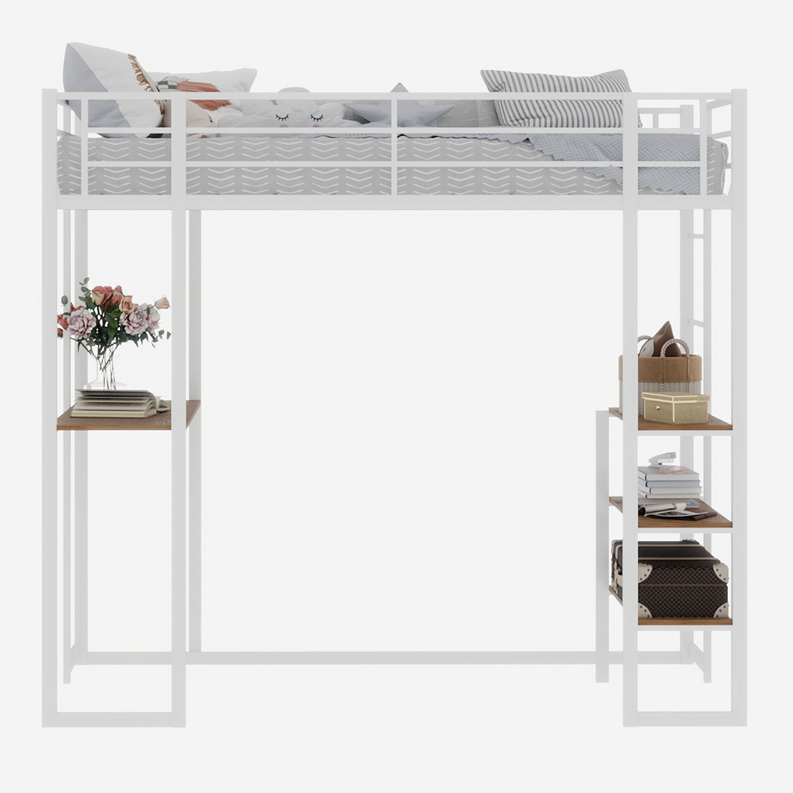 Iron Frame Bed, L-Shaped Desk, Railing, Stairs, Metal