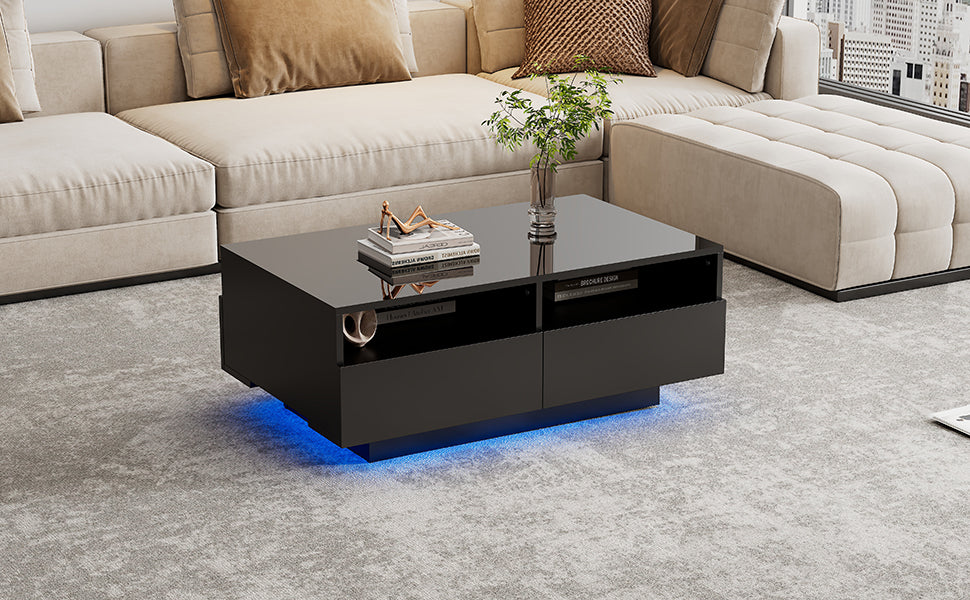 LED Coffee Table with 4 Drawers, Modern Center Table with 16 Colors LED Lights, High-Gloss