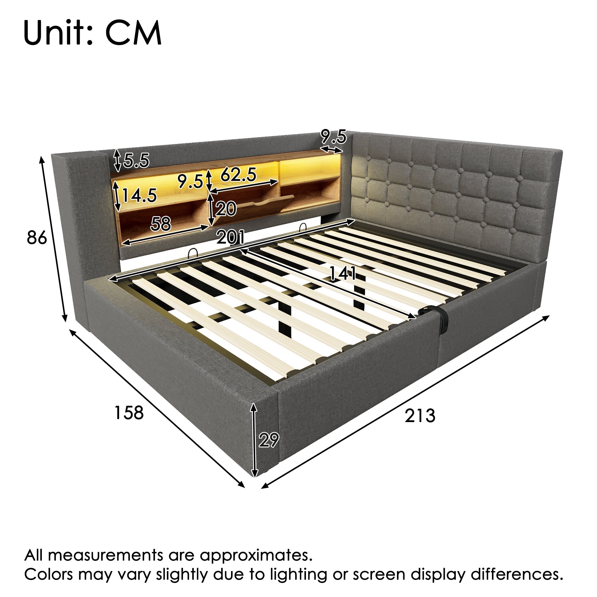 Upholstered Double Bed with LED Lighting, Hydraulic Storage and L-Shaped Headboard, 140x200cm, Grey Linen Fabric
