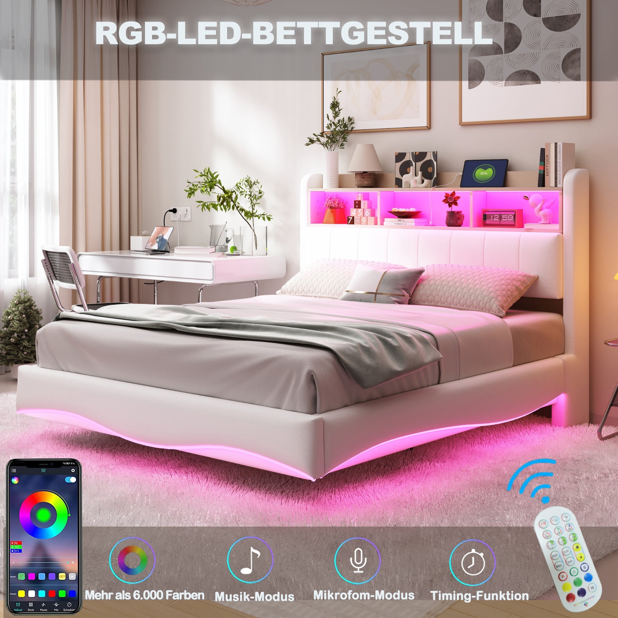 Upholstered Bed, 160*200, Multifunctional Storage, LED Light, USB and Type-C Interface, Beige Linen Fabric