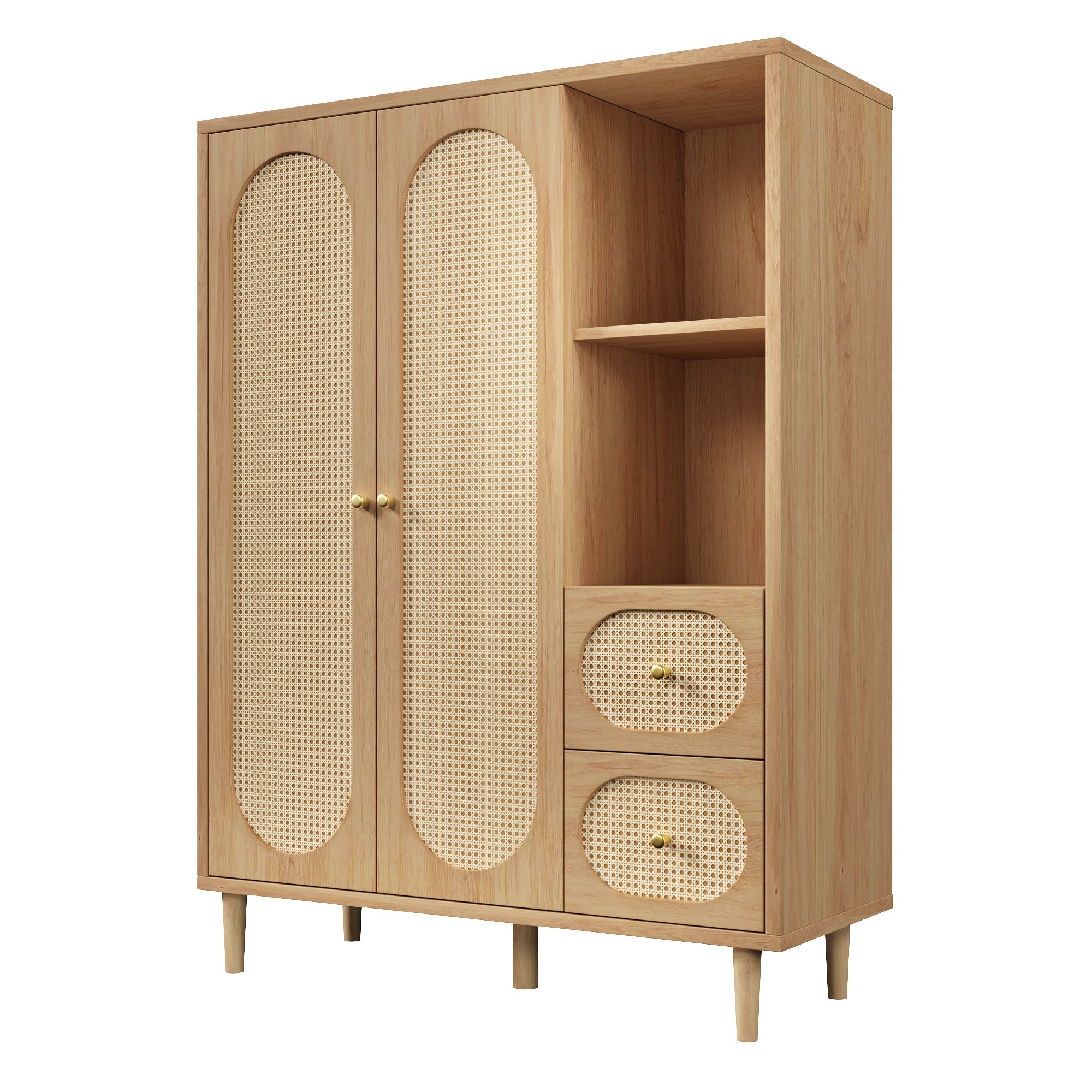 Country-Style Wardrobe with 2 Doors, 2 Drawers and Open Shelves, 161x120x44cm, Oak Wood