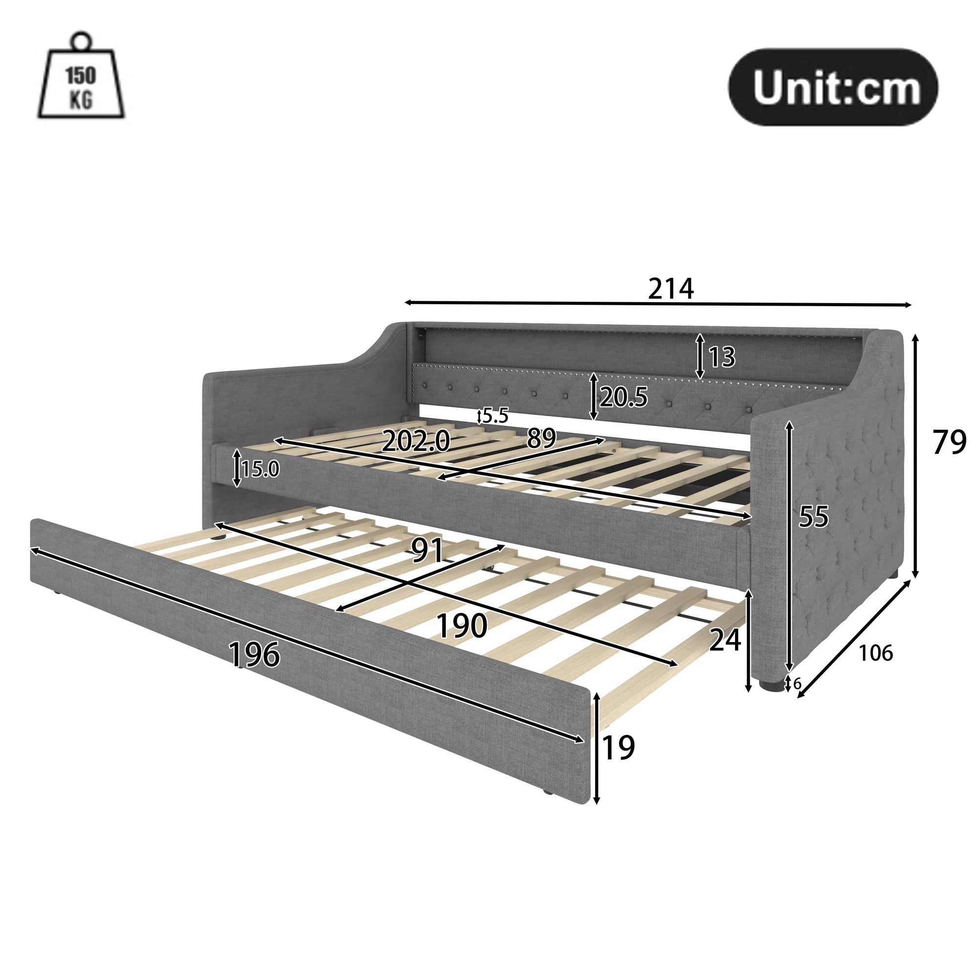 Daybed Sofa Bed 90x200cm Pull-out Bed LED USB - Linen Grey