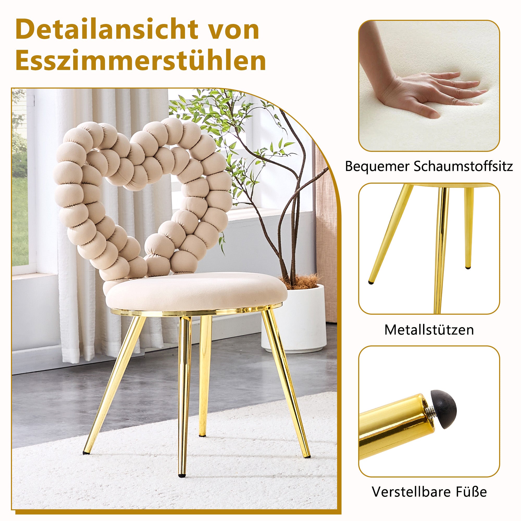 Dining Chairs (Set of 2) Heart Cutout Backrest Gold Metal Legs - Light Beige Velvet