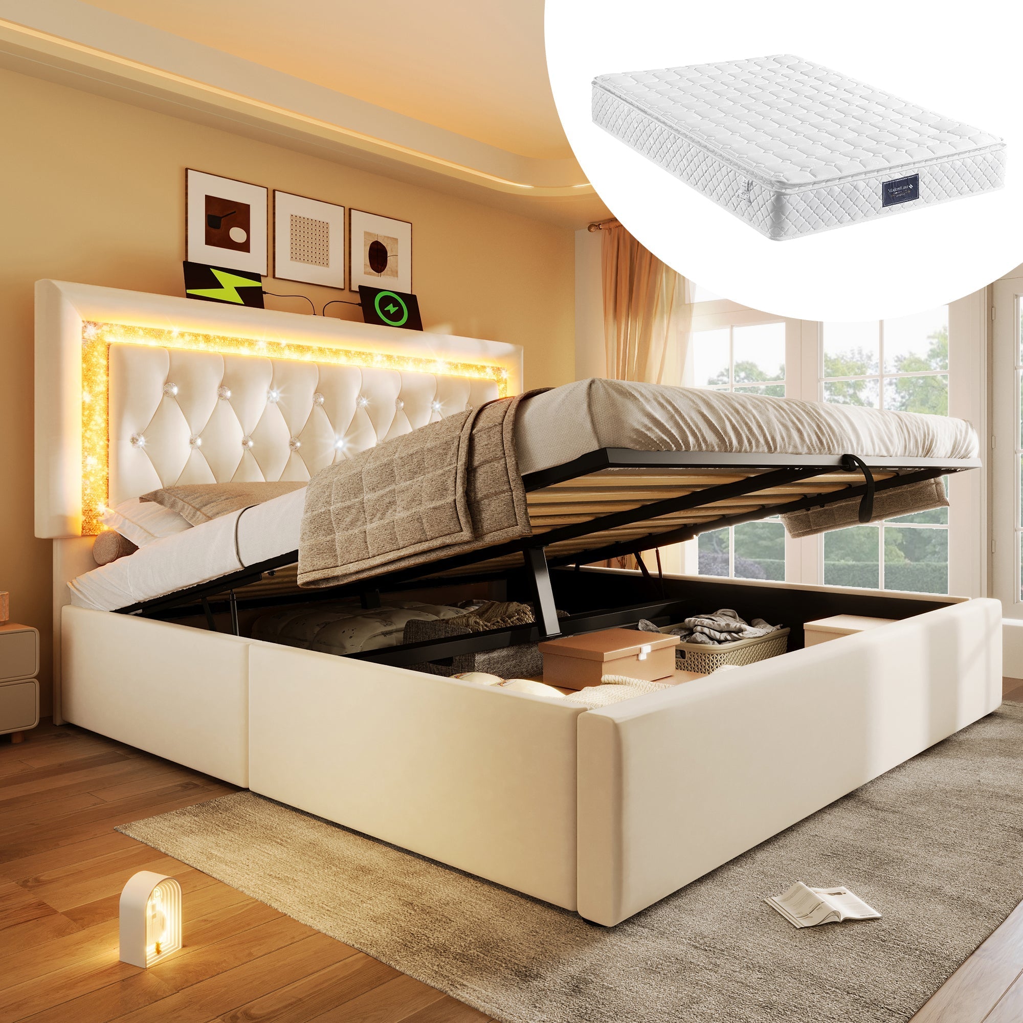 Upholstered Double Bed 140x200 cm Hydraulic Storage, LED Headboard with USB/Type-C - Beige Velvet