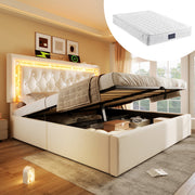 Upholstered Double Bed 160x200cm LED USB/Type-C Hydraulic Storage - Beige Velvet