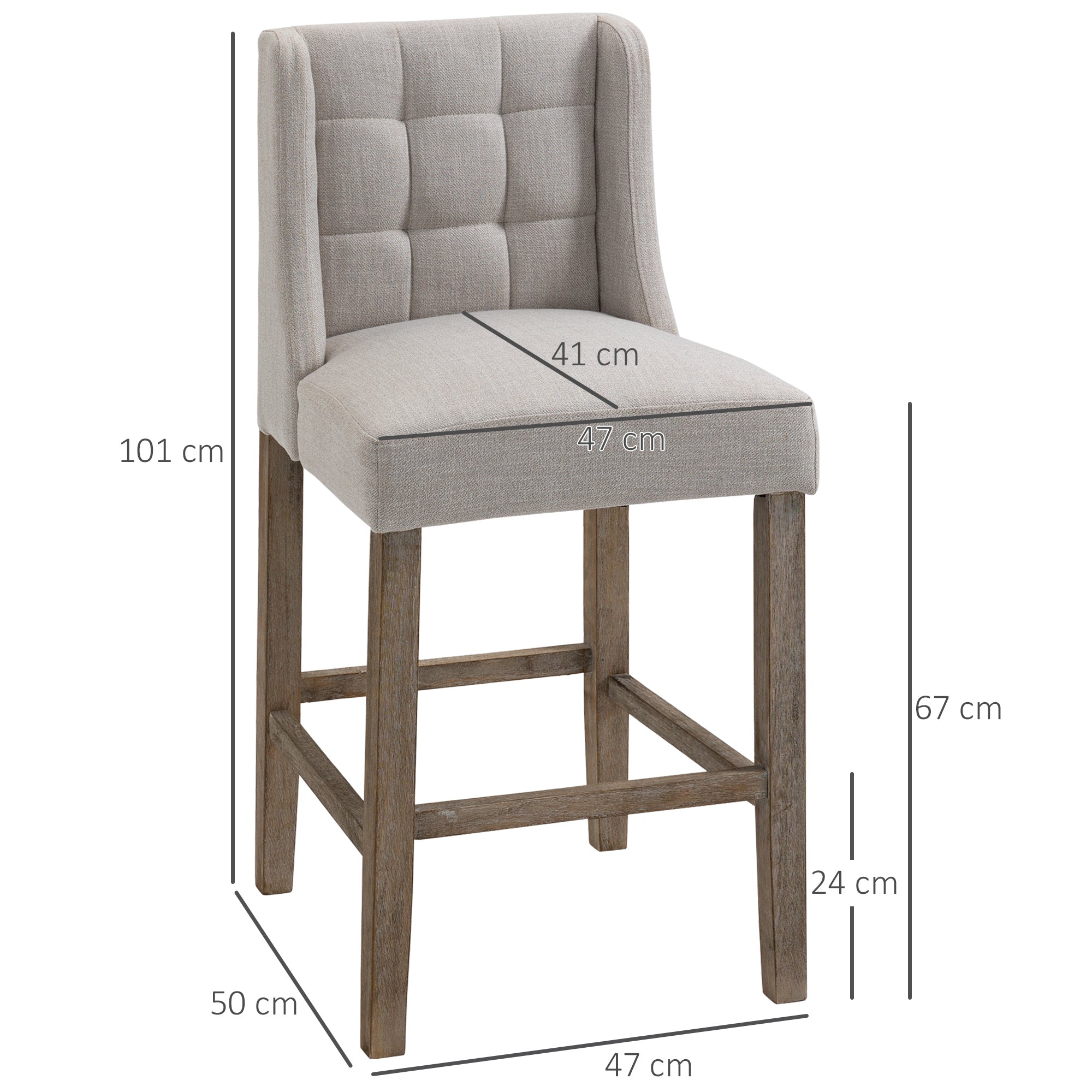 Set of 2 Bar Stools with Backrest, Solid Wood, Grey + Natural