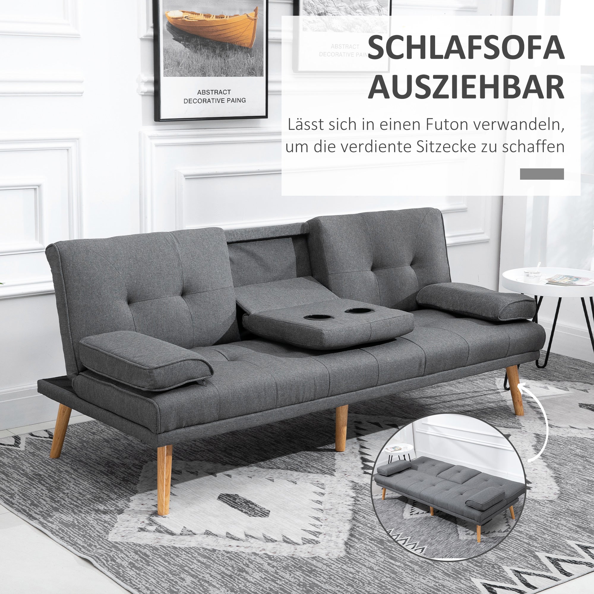 Sofa Bed 3-Seater Fold-Down Table Cup Holder Scandinavian Design, Dark Grey