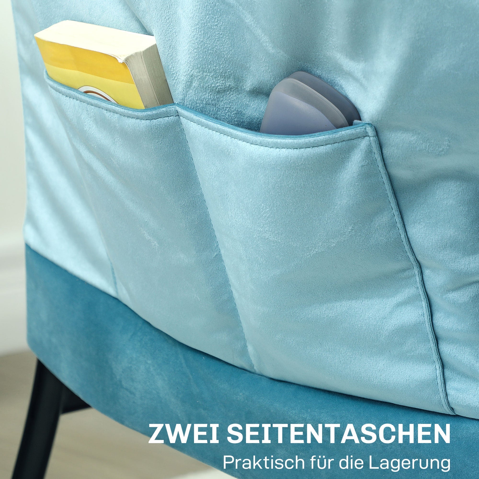 Sessel Loungesessel, Seitentasche, Stahlbeine, Blau