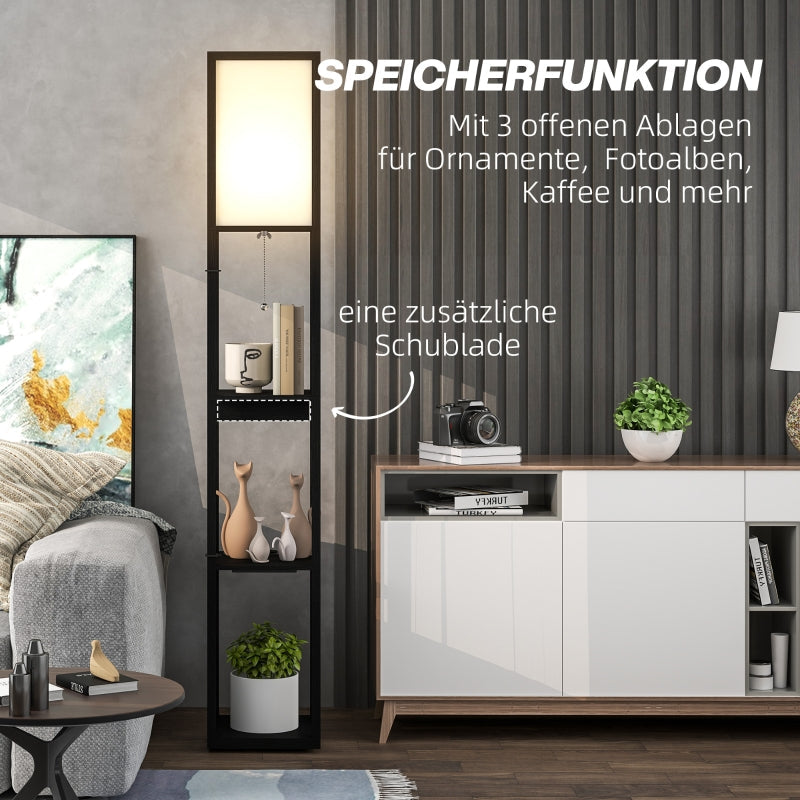 Floor Lamp, 3 Compartments, E27 Socket, Fabric Lampshade, USB-A, USB-C Ports, White+Black