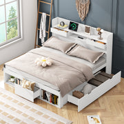 Multifunctional Double Bed with USB Port, Drawers and Storage Cabinet, 140x200cm, White Wood
