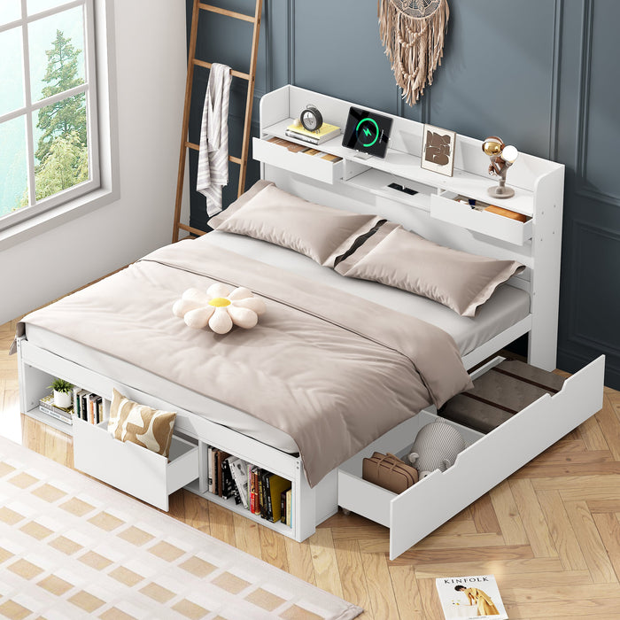 Multifunctional Double Bed with USB Port, Drawers and Storage Cabinet, 140x200cm, White Wood