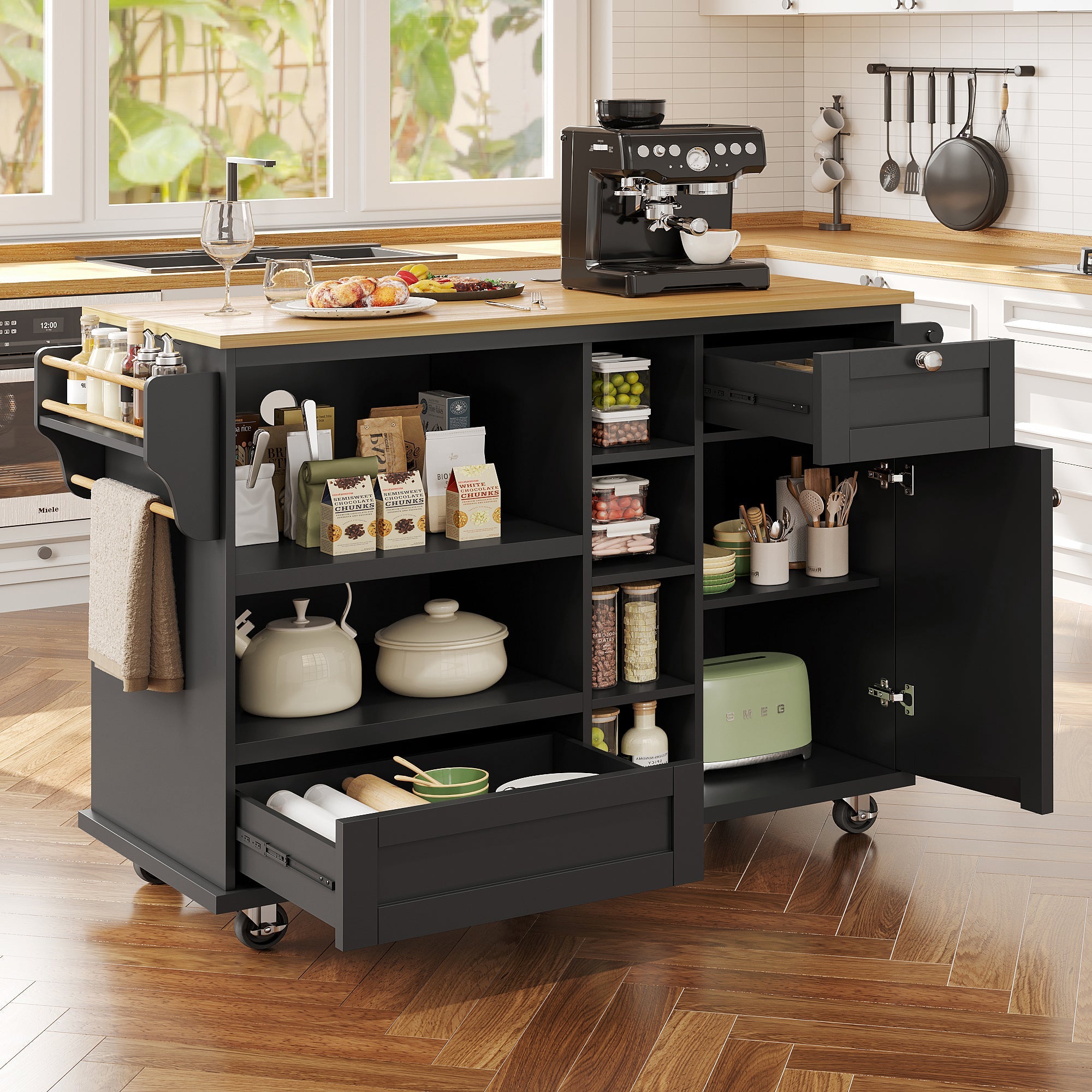 Dining Trolley Mobile Kitchen Storage Cabinet with Drawers, Black/Light Brown Wood