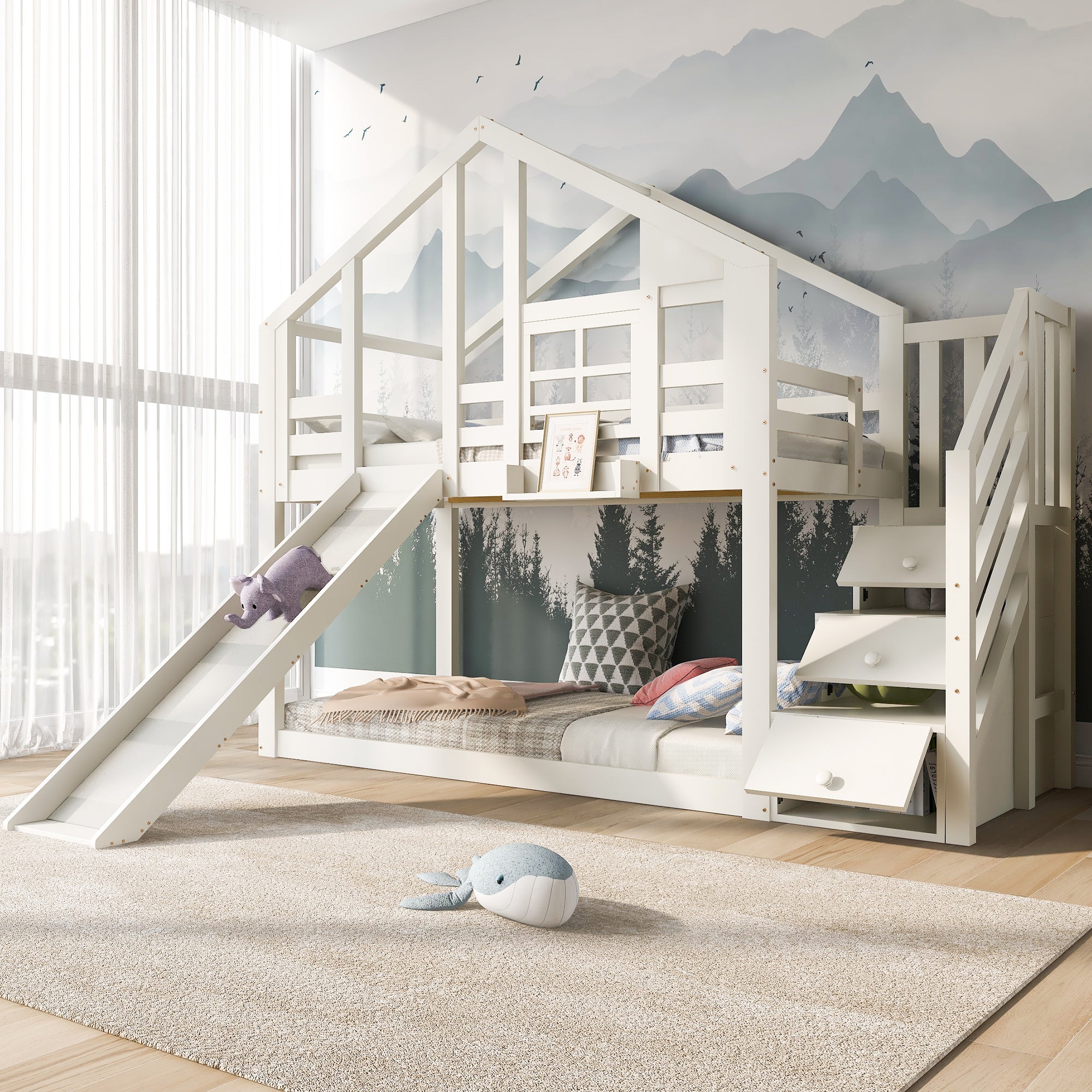 Children's Bed Tree House 90x200cm, Bunk Bed with Slide & Fall Protection, White