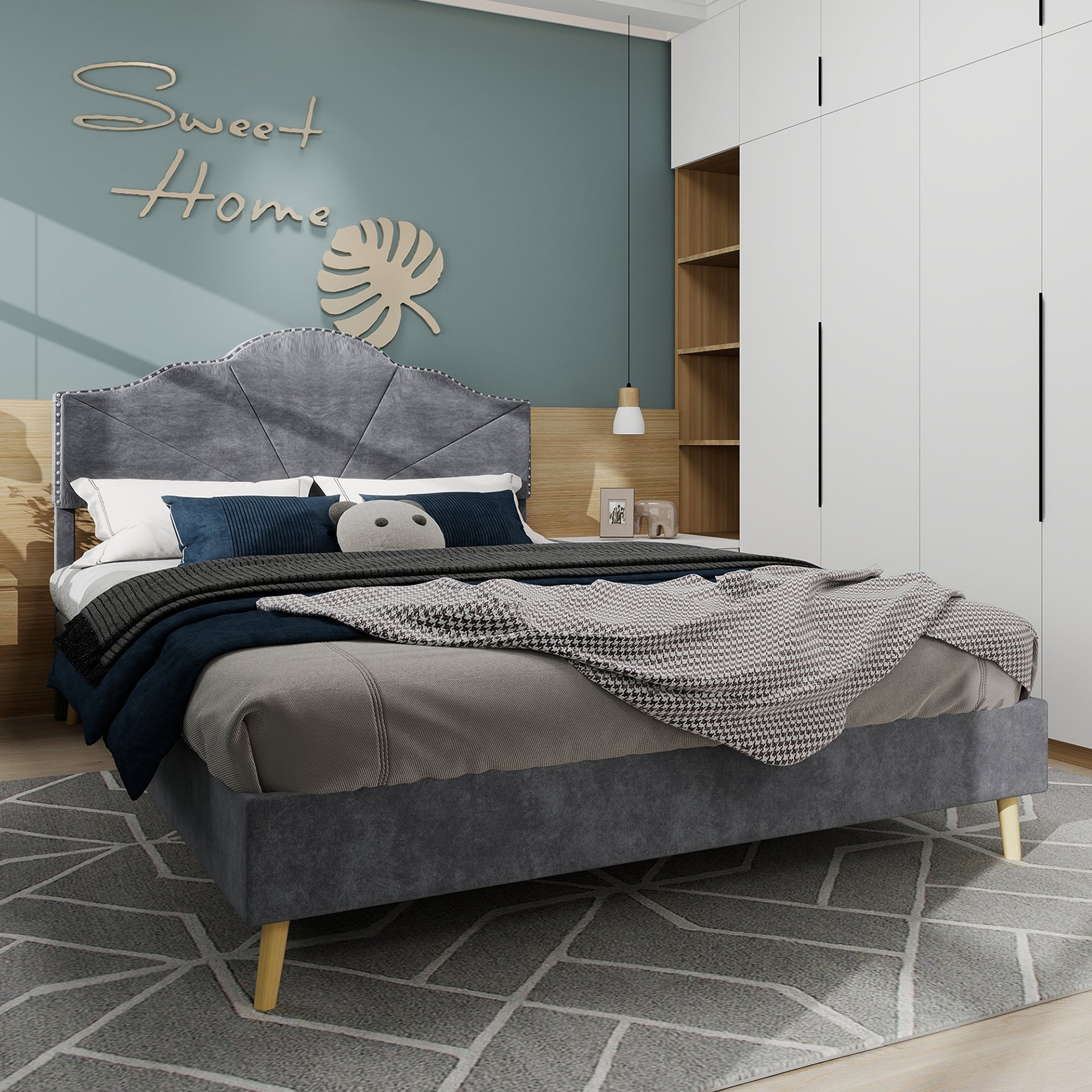Soft Bed, Minimalist Headboard Multifunctional Low Box Frame, Gray