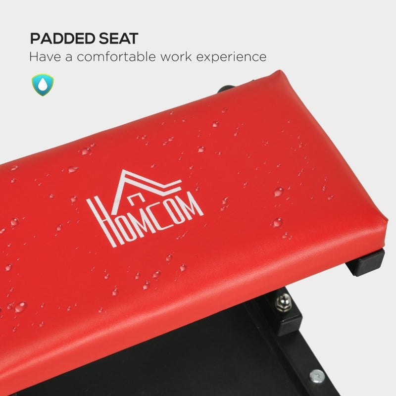 Workshop Stool, Rolling 360° Swivel Padded Seat Tool Tray, Red