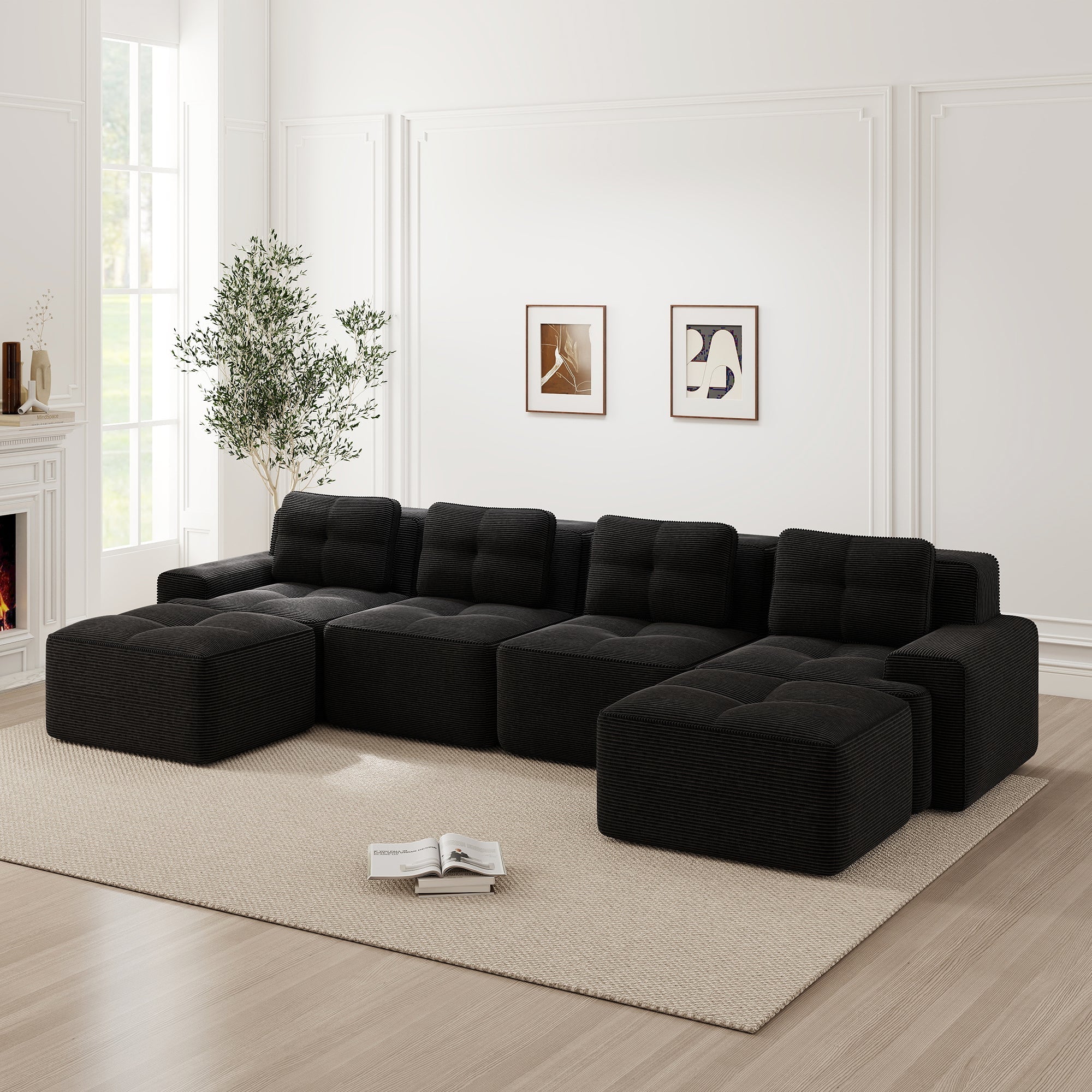Modular Cloud Sofa U-Shaped Chaise Lounge 4-Seater Corduroy Black