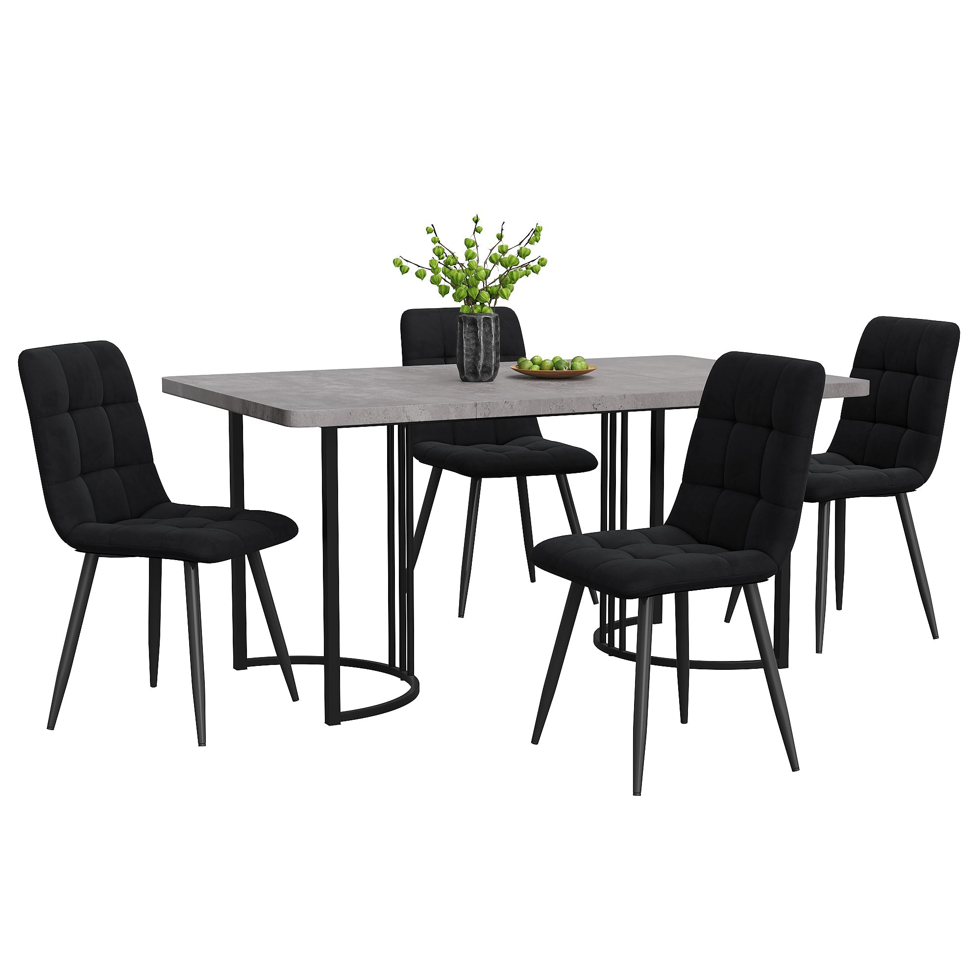 Dining Set 5-Piece, Modern 140x80cm Table Black Metal Legs & 4 Velvet Chairs, Grey/Black MDF