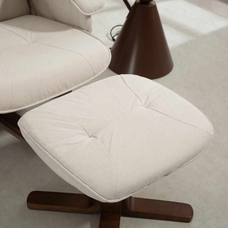 Linen Swivel Recliner Chair with Footstool, Upholstered Reclining Armchair, Beige