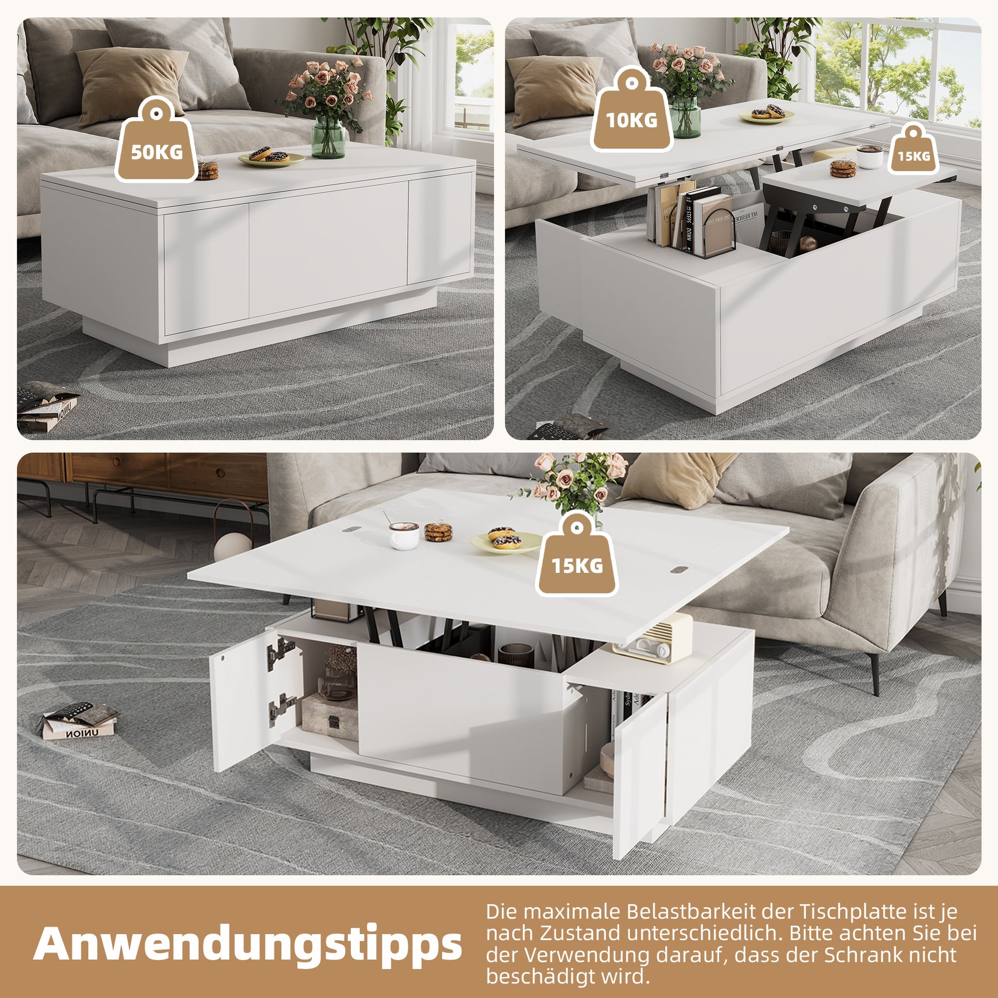 Modern Coffee Table with Double Lift-Top, Hidden Storage, 50kg Capacity
