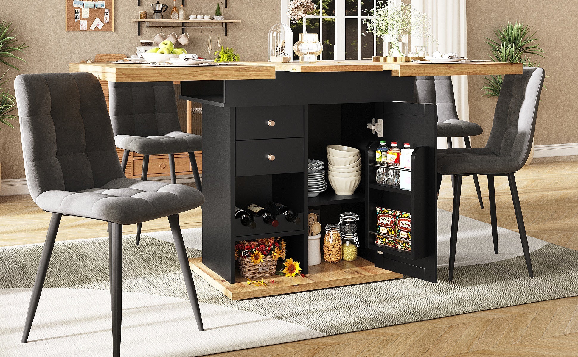 Telescopic Dining Table with Wine Rack and Snack Shelf, Extendable and Foldable, Wood Finish