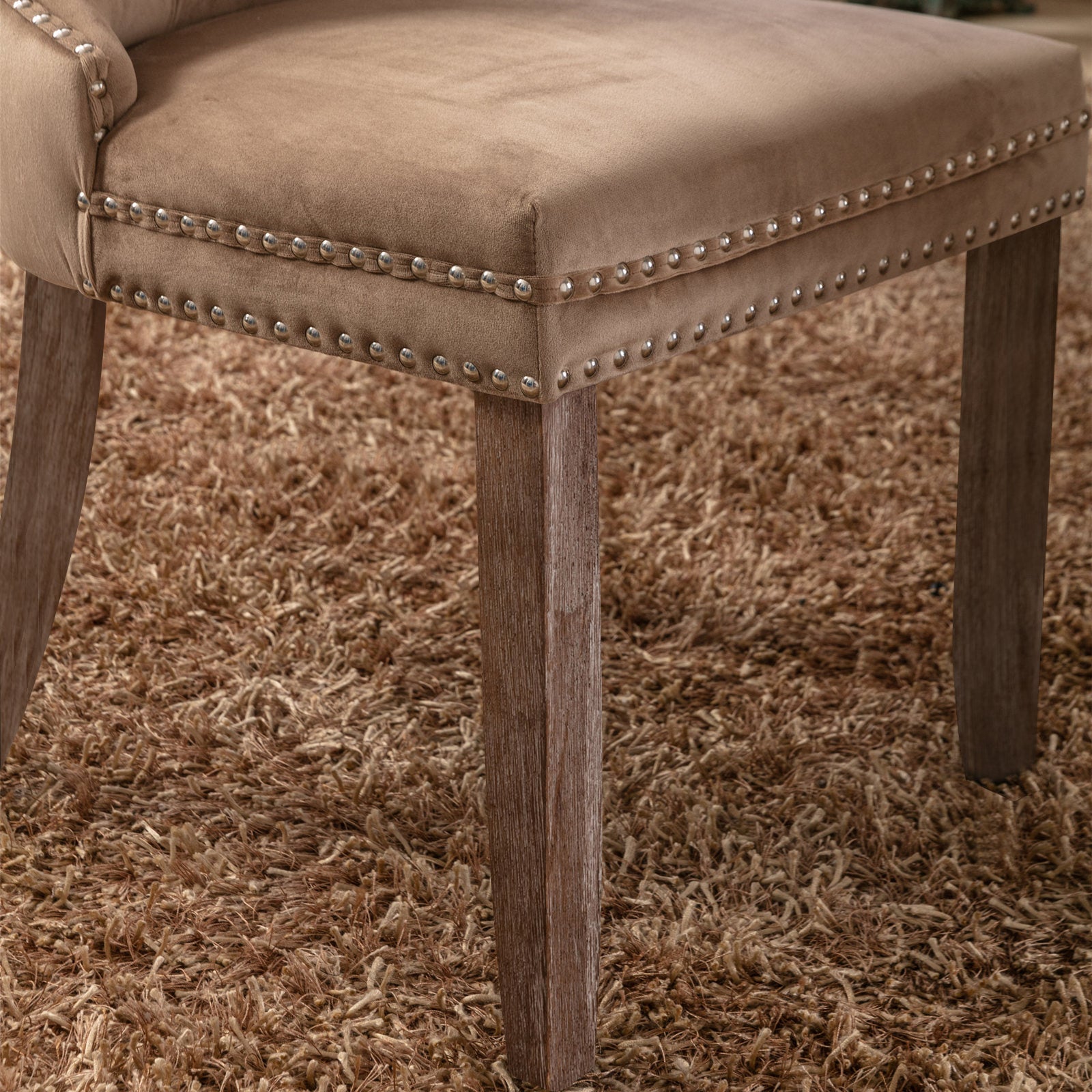 Nikki Collection Tufted Velvet Dining Chair Nailhead Trim 2-Pc Set - Khaki