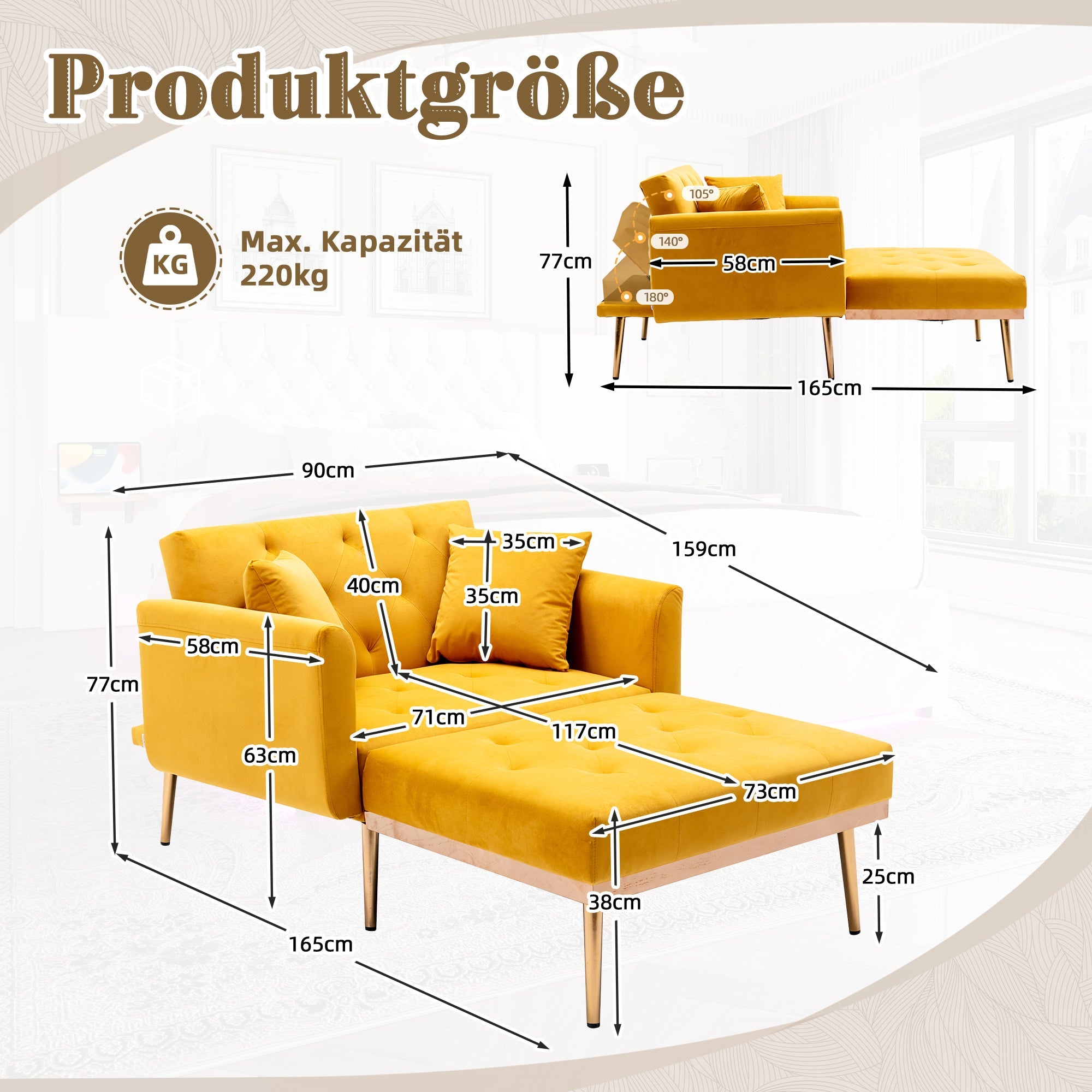 Armchair, Adjustable Backrest Recliner Folding Sofa, Mango