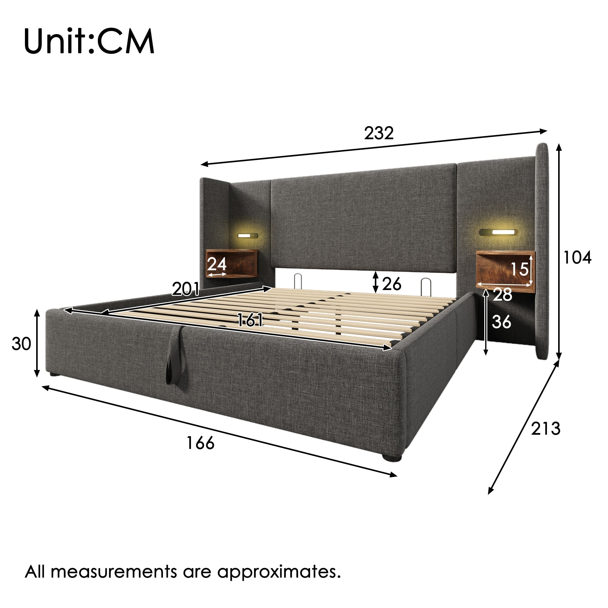 Upholstered Double Bed 160x200, with Bedside Table, Reading Lamp, USB-C, Gray Linen