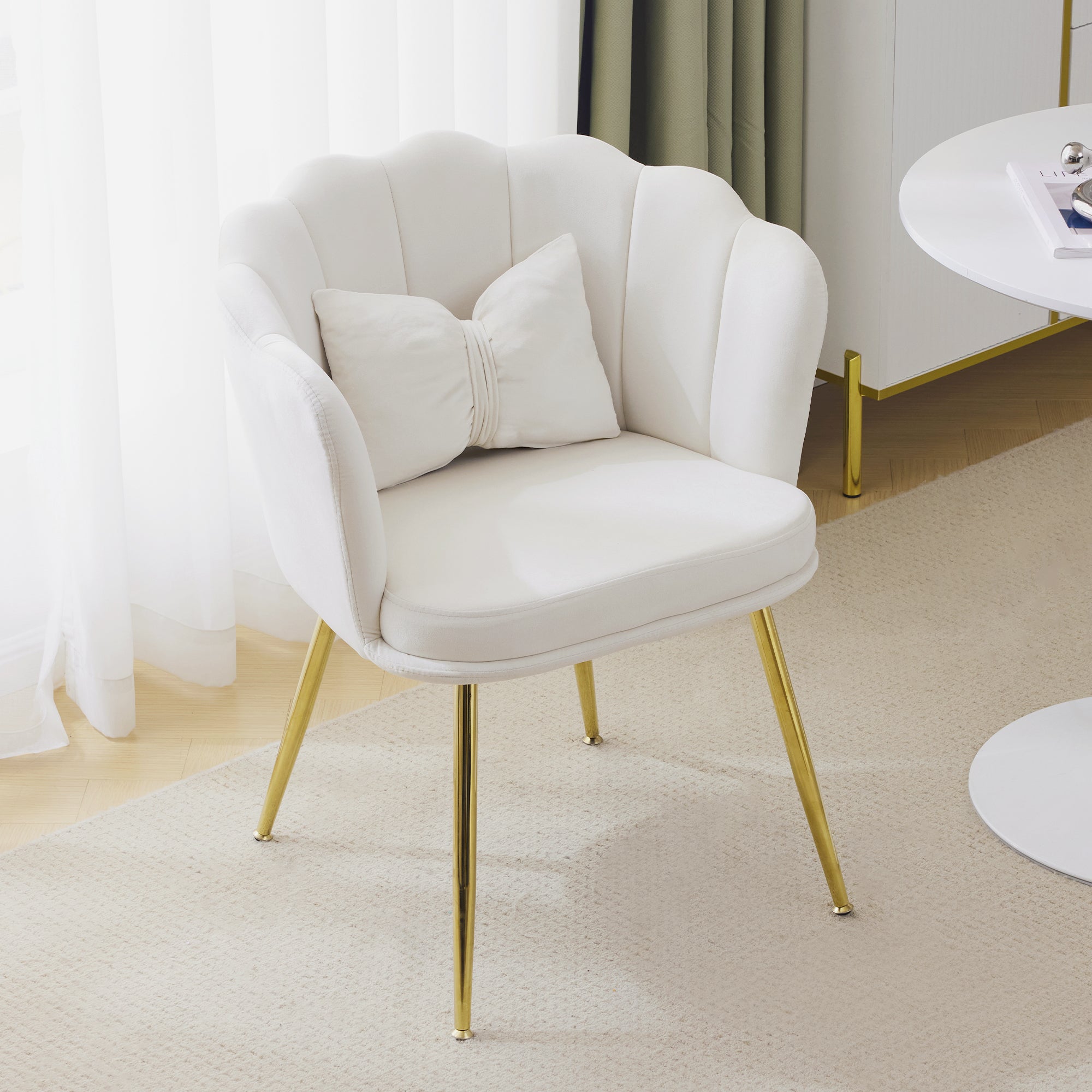 Modern velvet armchair, comfortable upholstered decorative chair, gold-plated metal legs