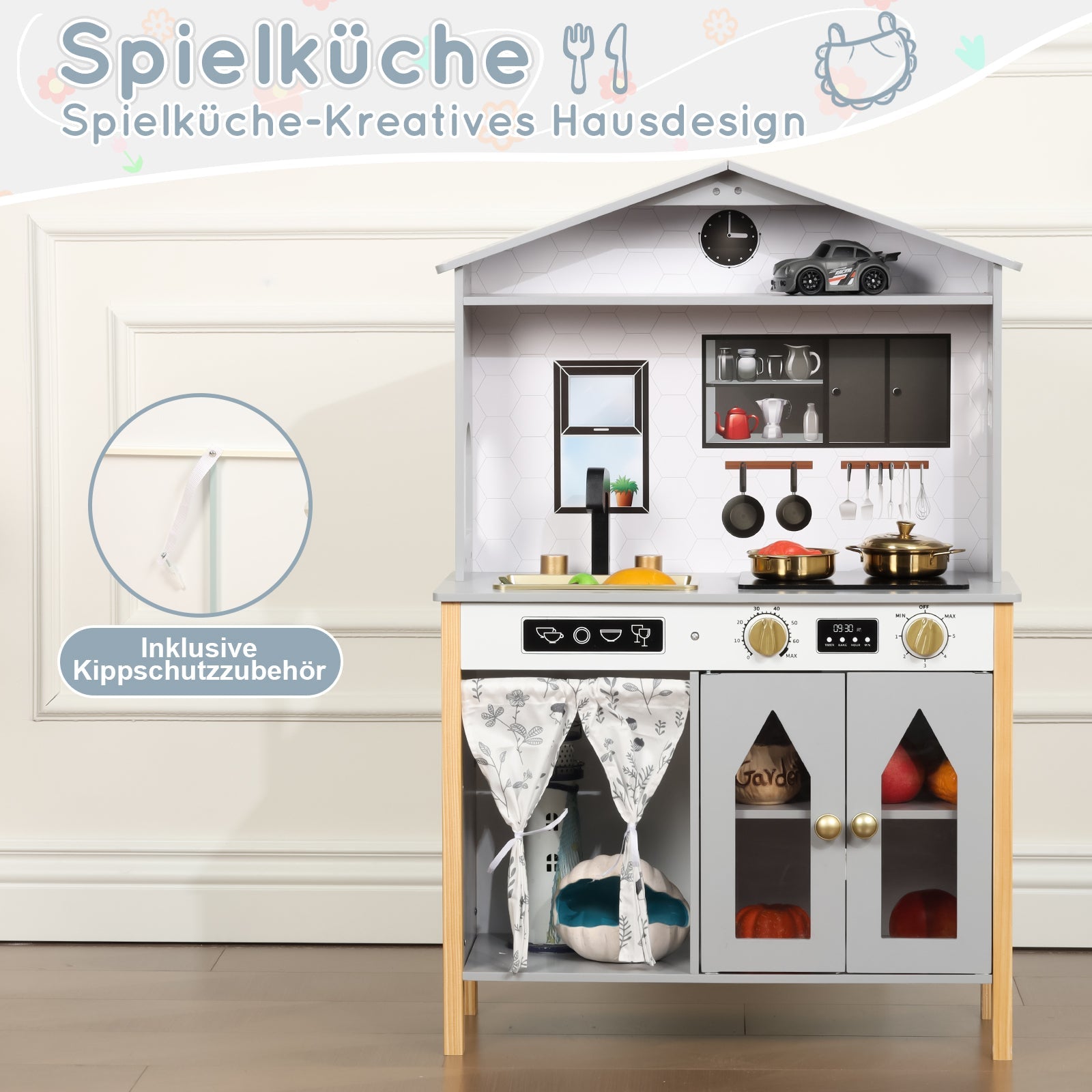 Children's Play Kitchen with Creative House Design and Accessories, Wood and Plastic, Grey
