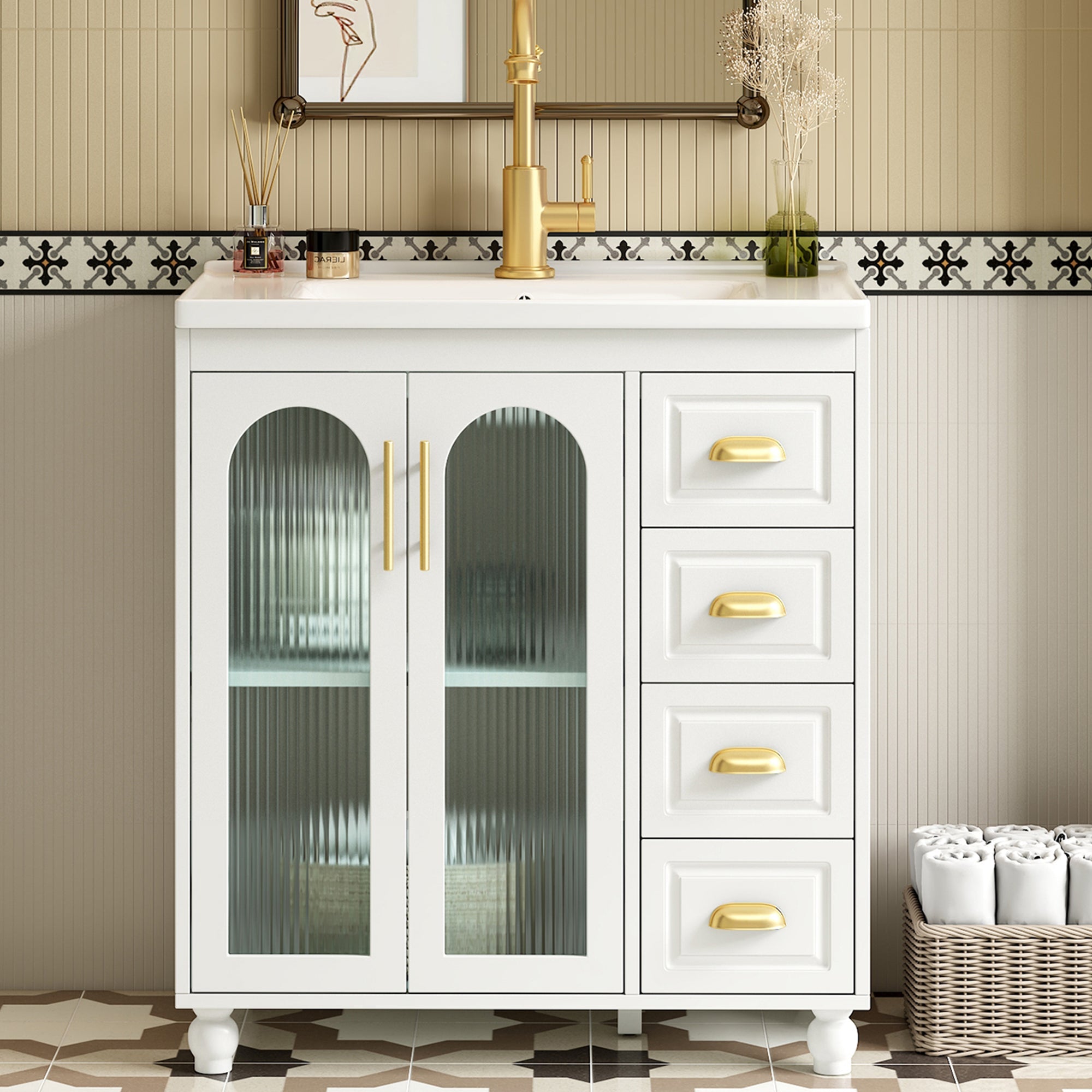 Single Vanity Unit 80cm Base Cabinet Ceramic Washbasin White