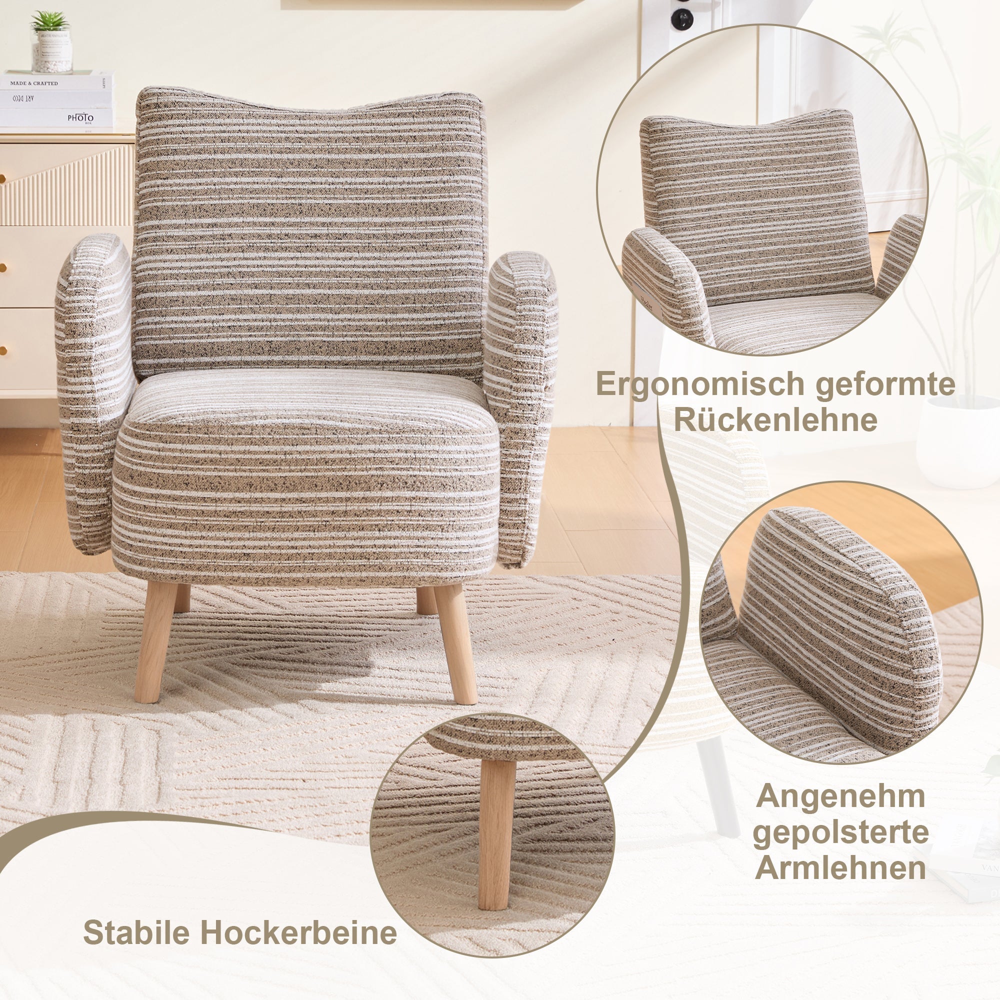 Modern Armchair with Side Pocket and Solid Wood Legs, Fabric with Circular Pattern