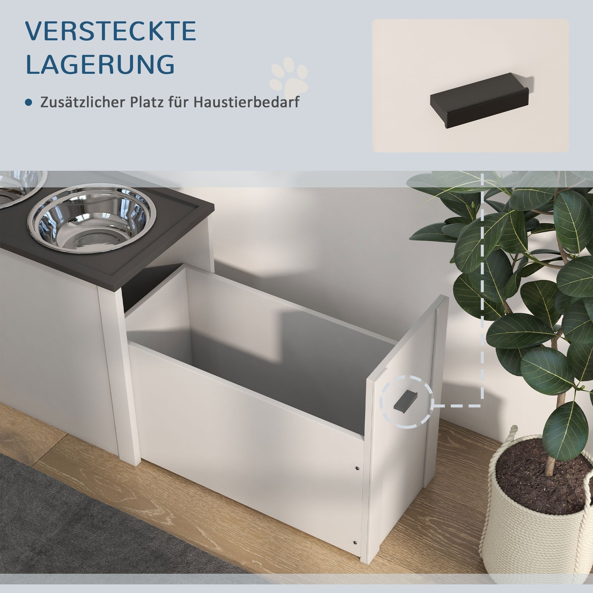 Hundenapf, Futterstation mit Vorrat, 2L Edelstahlnäpfe, Weiß