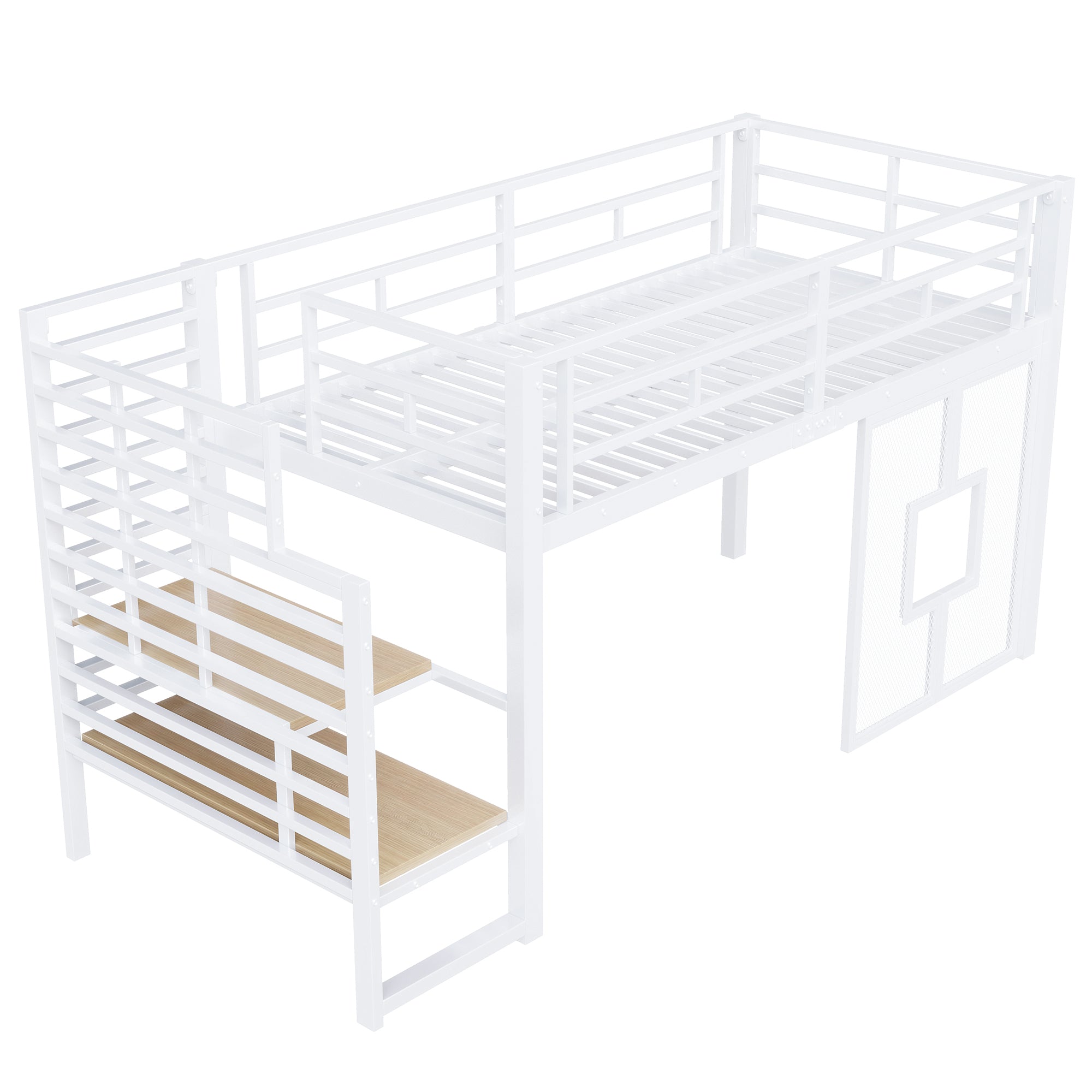 Metal Loft Bed Frame 90x200 cm with Stairs Storage and LED Lighting, White