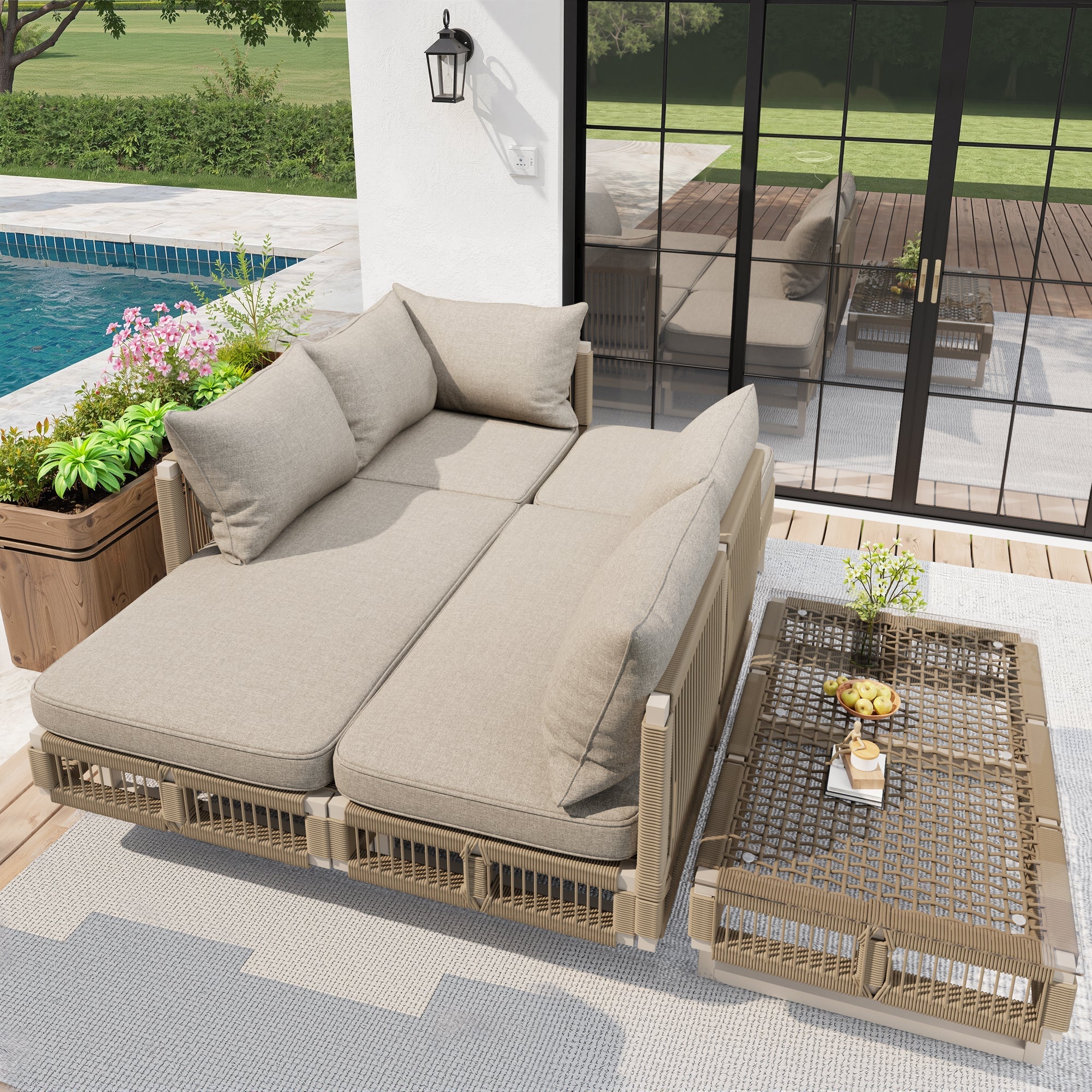 Modular Garden Furniture Set with 10cm Thick Cushions and Glass Coffee Table, Rope Weave, Beige/Green