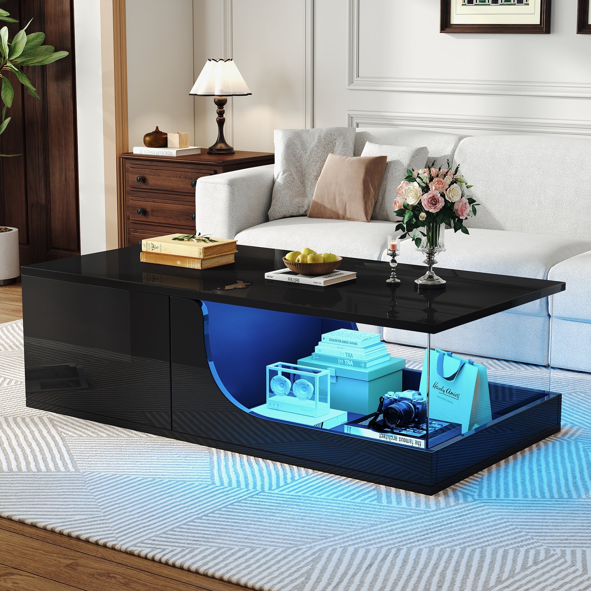 Coffee Table, 100x50x30cm, 2-Drawer High-Gloss with LED, Tempered Glass, Black