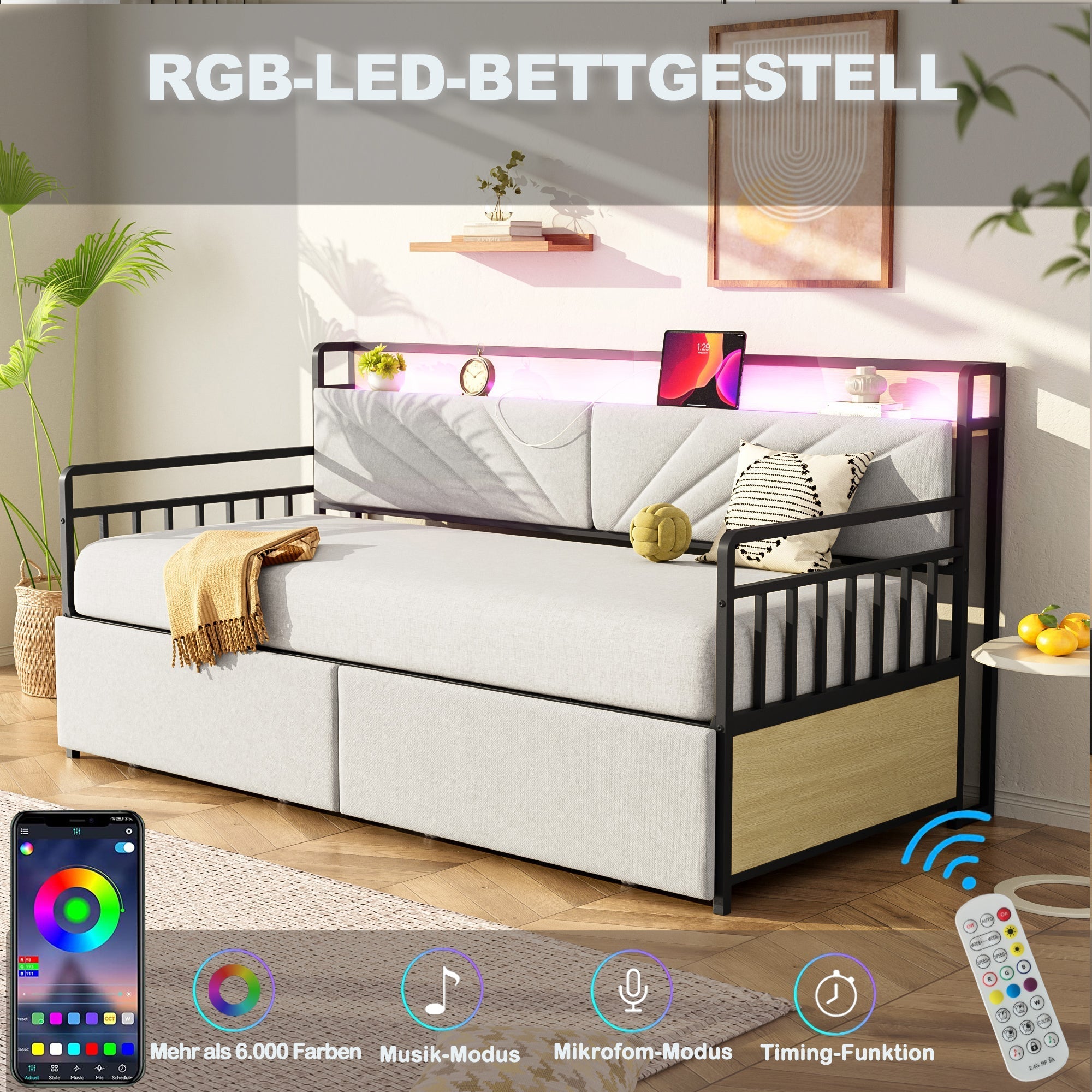 Sofa Bed, 90x200 cm LED, Shelves & Drawers, Beige Iron