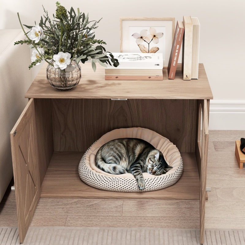 Cat Litter Box Enclosure, Double Doors Side Entrance Non-Slip Pads, Walnut Brown