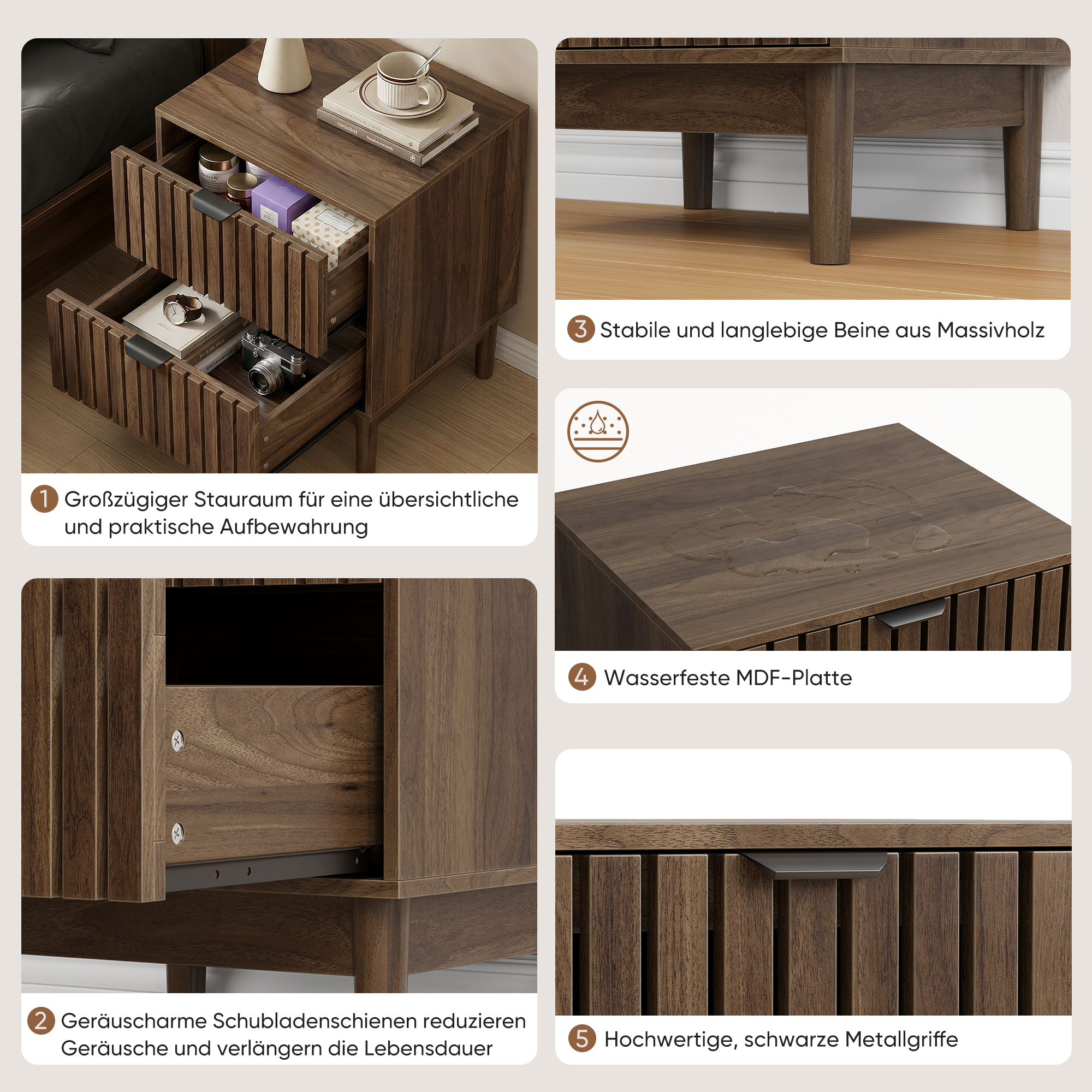 Mid-Century Modern Nightstand with Two Drawers and Slatted Design, 45 x 39 x 56.5 cm, Walnut Wood