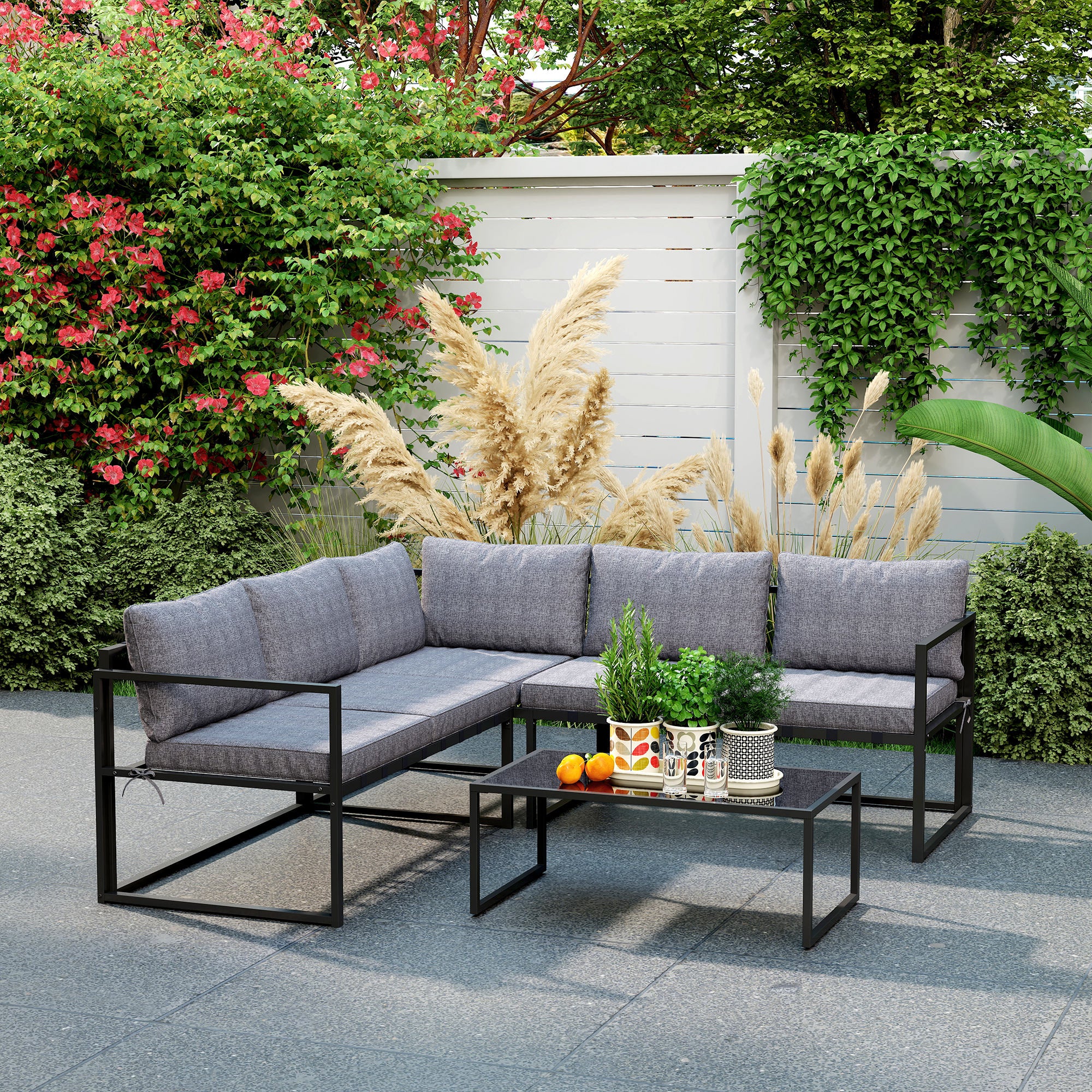 Three-Piece L Shaped Garden Sofa Set with Cushions - Grey