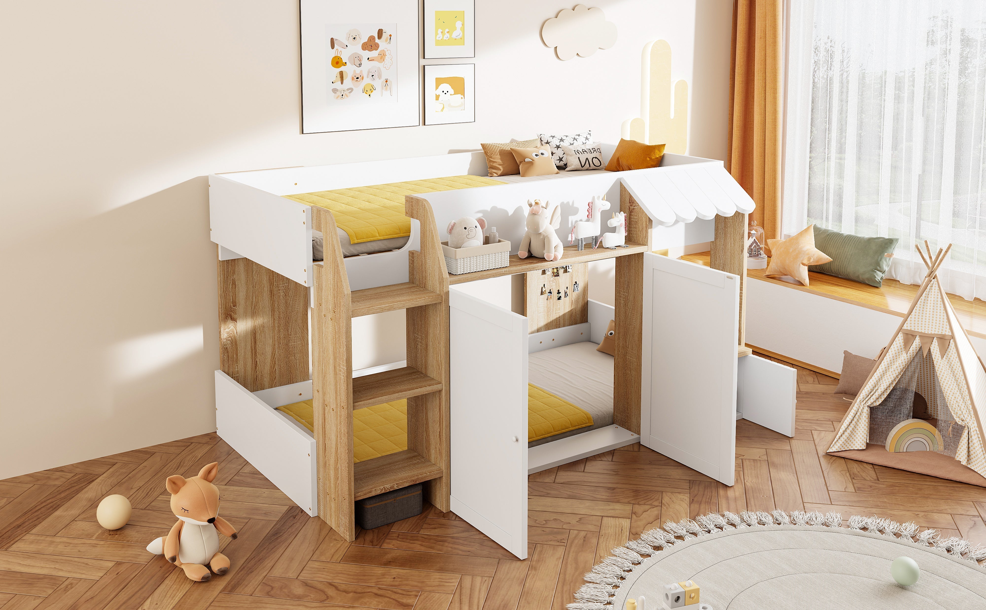 Children's House Bed 90x200 Mid-Height Storage Climbing Ladder - Solid Wood White/Natural
