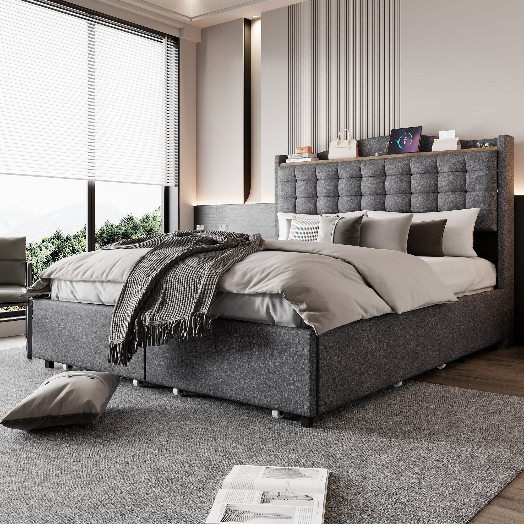 Upholstered Bed, 140x200cm Double Flat with 4 Drawers & USB Bedside Table, Gray Linen